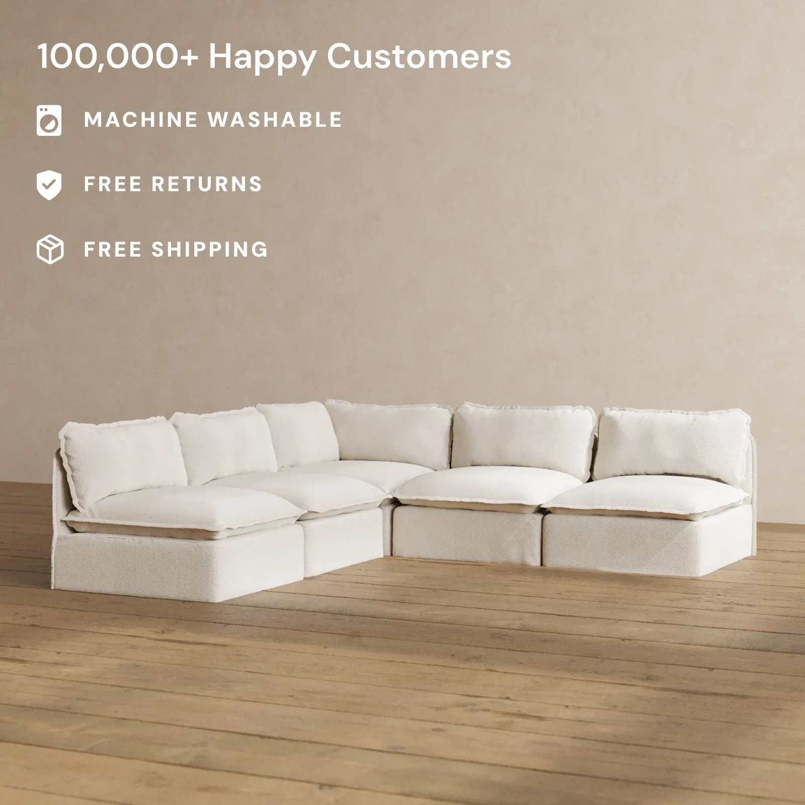 Modular Washable 5-Seater Open-Ends Corner Sectional in Powder | Deluxe  Seat | Cloud Pillow