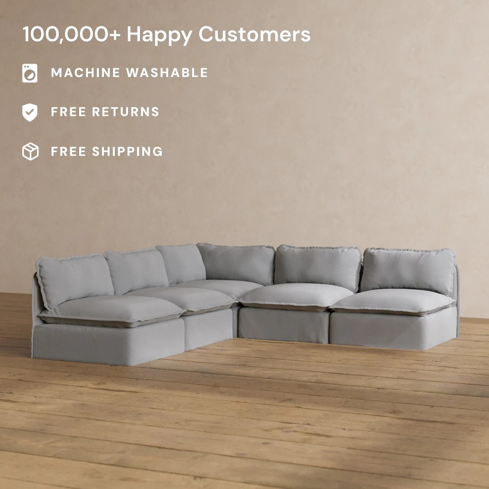 Modular Washable 5-Seater Open-Ends Corner Sectional in Pumice | Deluxe  Seat | Cloud Pillow