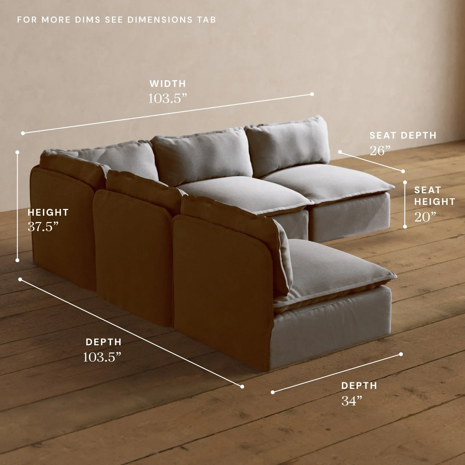 Modular Washable 5-Seater Open-Ends Corner Sectional in Pumice | Deluxe  Seat | Cloud Pillow