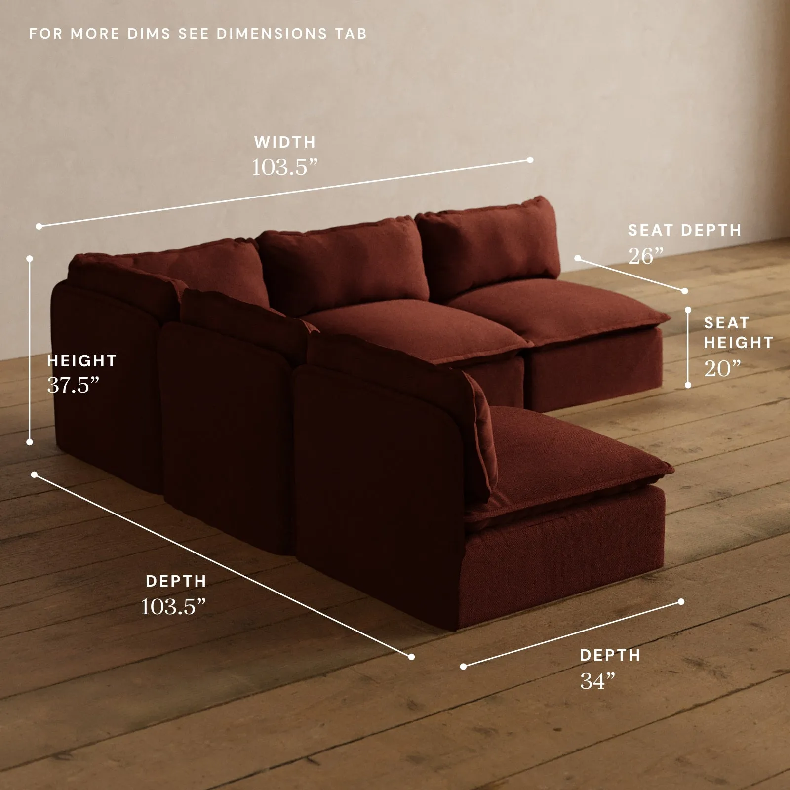 Modular Washable 5-Seater Open-Ends Corner Sectional in Rust | Memorix  Seat | Contour Pillow