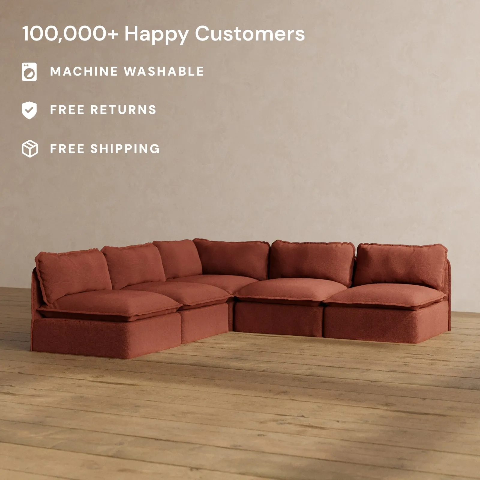 Modular Washable 5-Seater Open-Ends Corner Sectional in Rust | Memorix  Seat | Contour Pillow