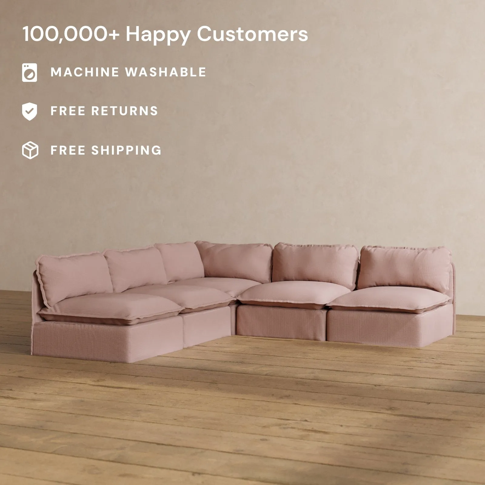 Modular Washable 5-Seater Open-Ends Corner Sectional in Sakura | Deluxe  Seat | Cloud Pillow