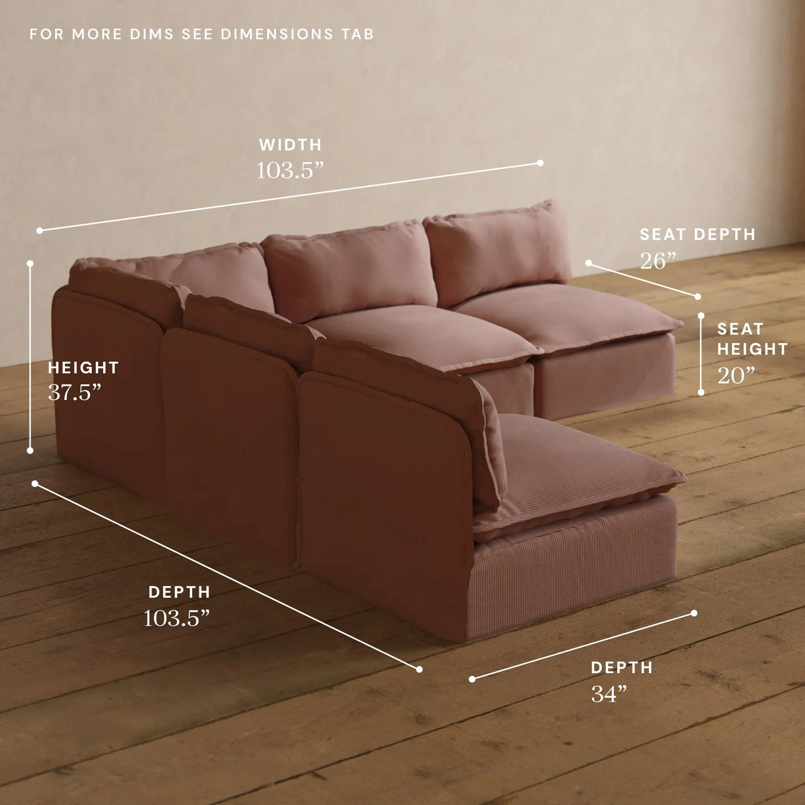 Modular Washable 5-Seater Open-Ends Corner Sectional in Sakura | Deluxe  Seat | Cloud Pillow