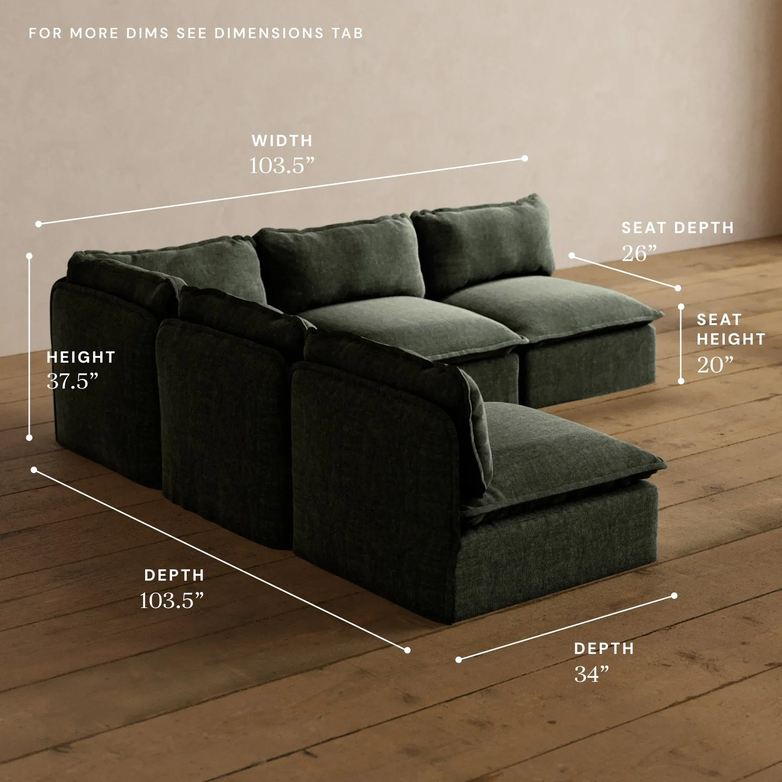 Modular Washable 5-Seater Open-Ends Corner Sectional in Willow | Deluxe  Seat | Cloud Pillow