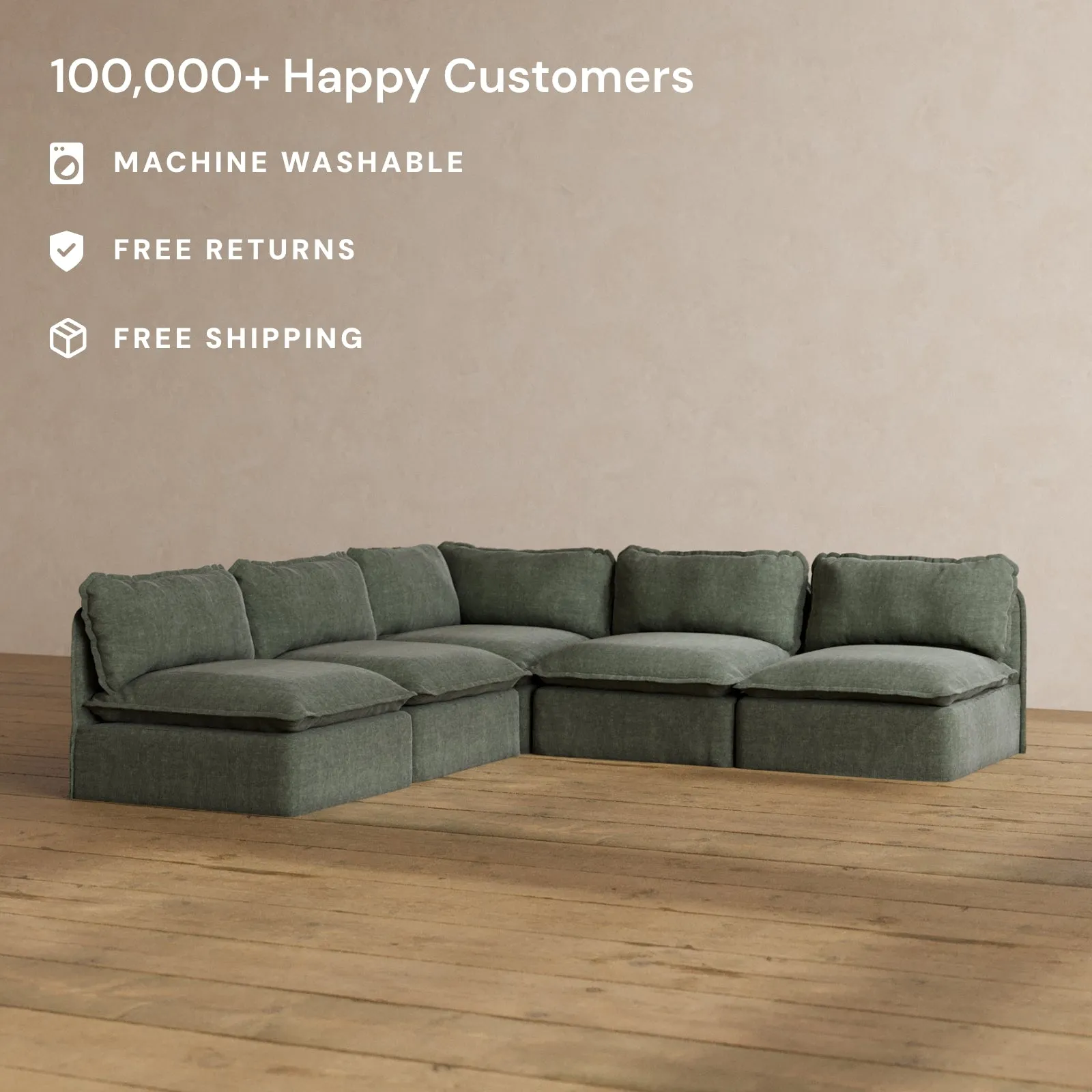 Modular Washable 5-Seater Open-Ends Corner Sectional in Willow | Deluxe  Seat | Cloud Pillow