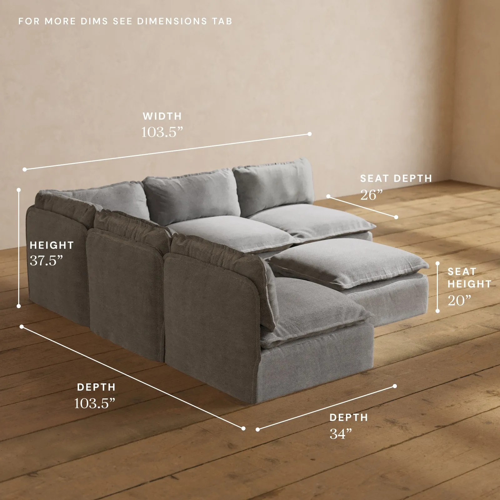 Modular Washable 5-Seater Open-Ends Corner Sectional   Ottoman in Ash | Memorix  Seat | Contour Pillow