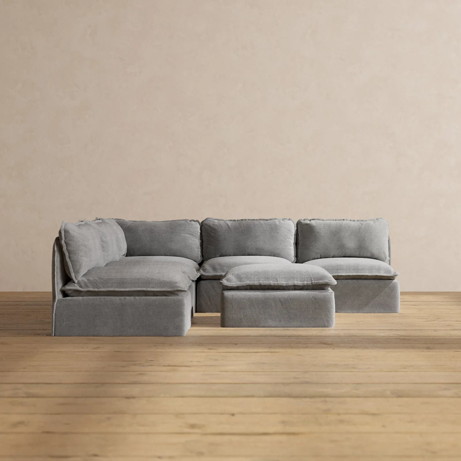Modular Washable 5-Seater Open-Ends Corner Sectional   Ottoman in Ash | Memorix  Seat | Contour Pillow