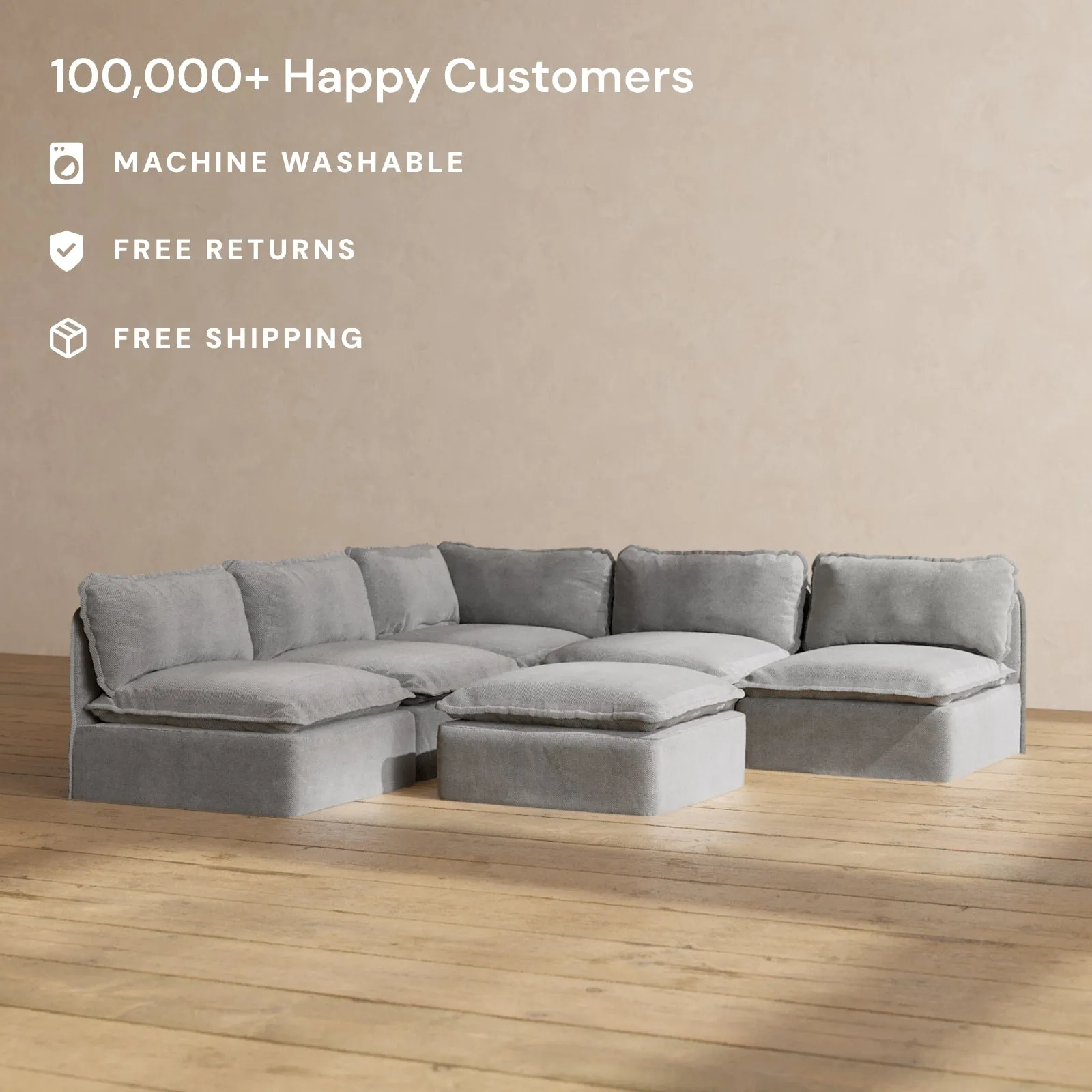 Modular Washable 5-Seater Open-Ends Corner Sectional   Ottoman in Ash | Memorix  Seat | Contour Pillow