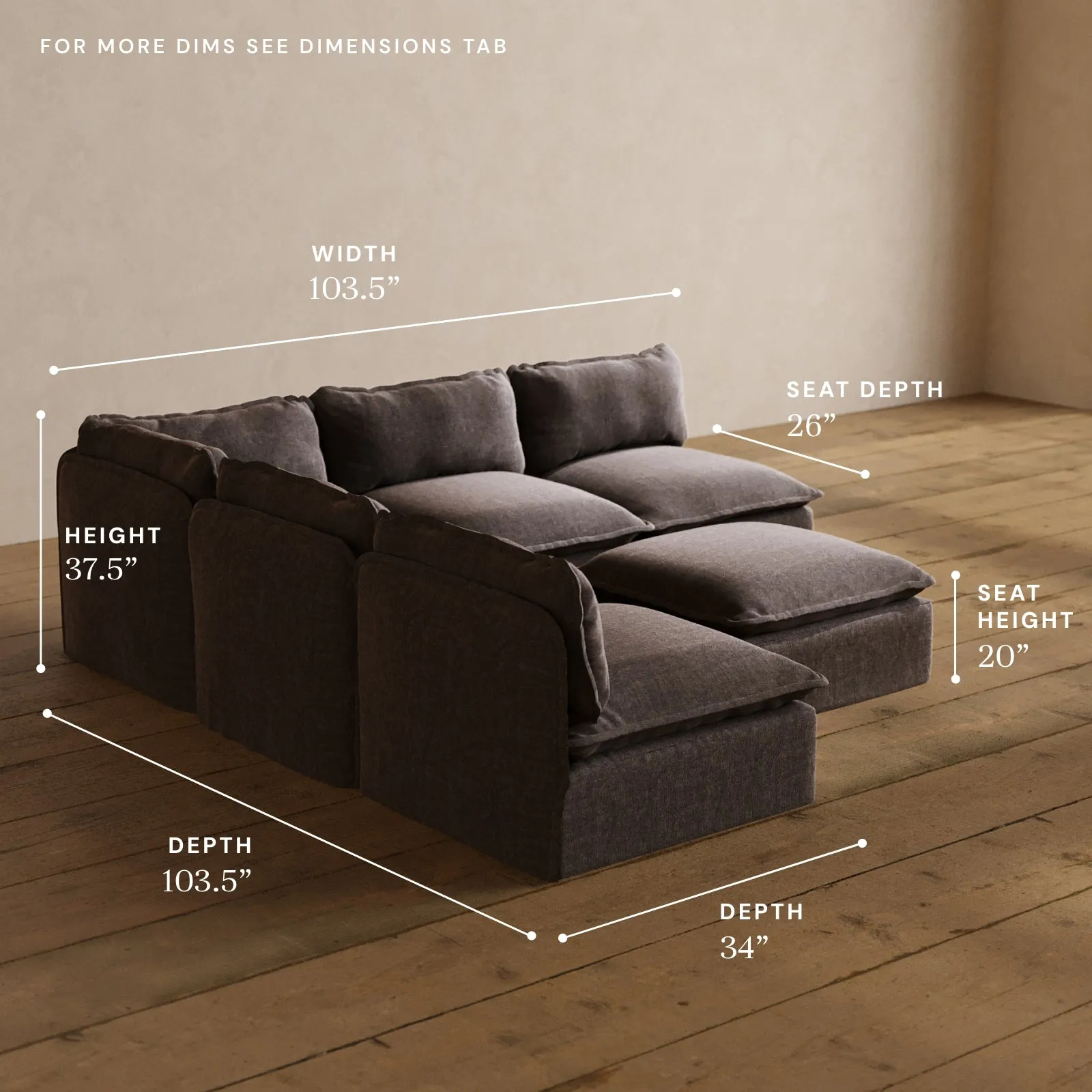 Modular Washable 5-Seater Open-Ends Corner Sectional   Ottoman in Caviar | Deluxe  Seat | Cloud Pillow