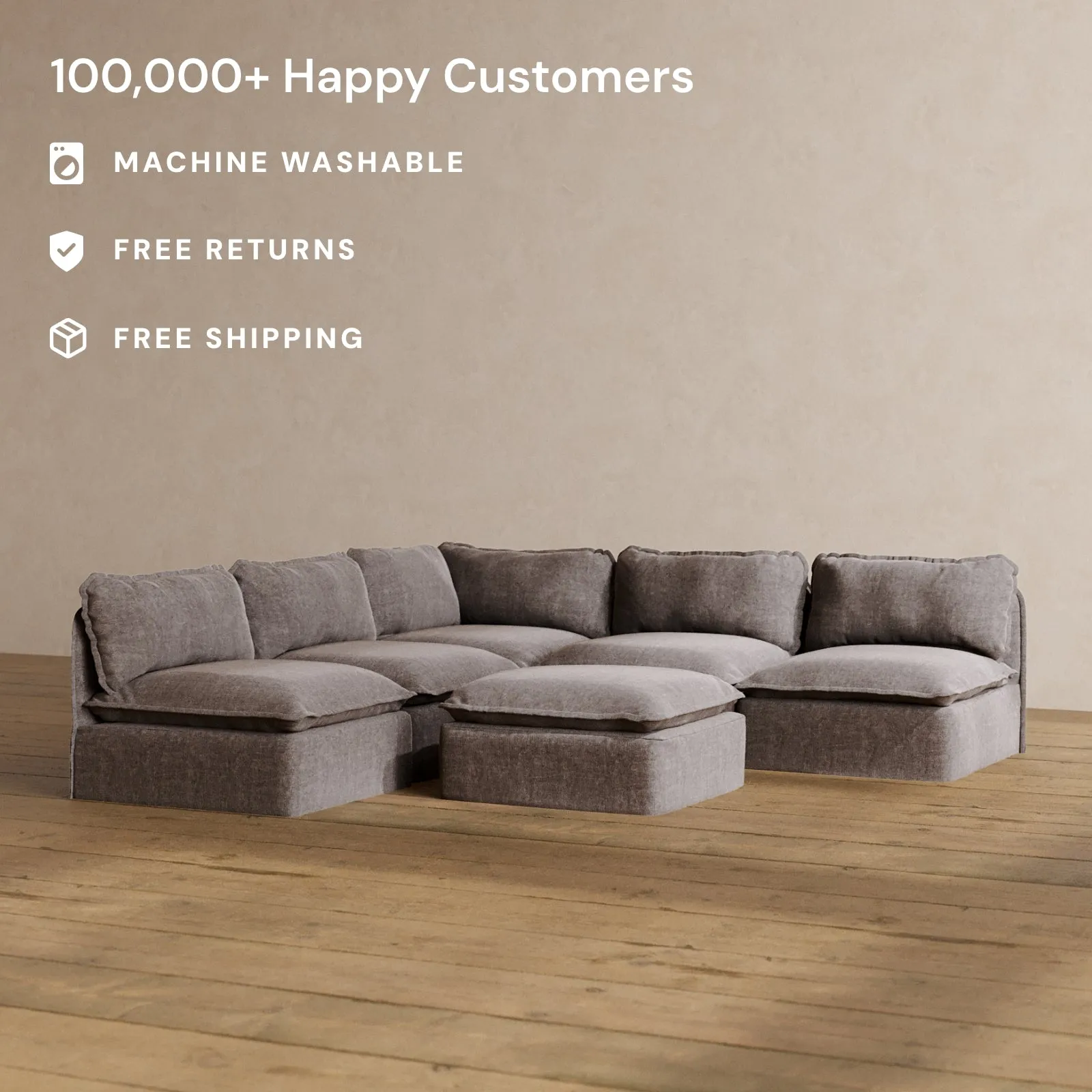 Modular Washable 5-Seater Open-Ends Corner Sectional   Ottoman in Caviar | Deluxe  Seat | Cloud Pillow