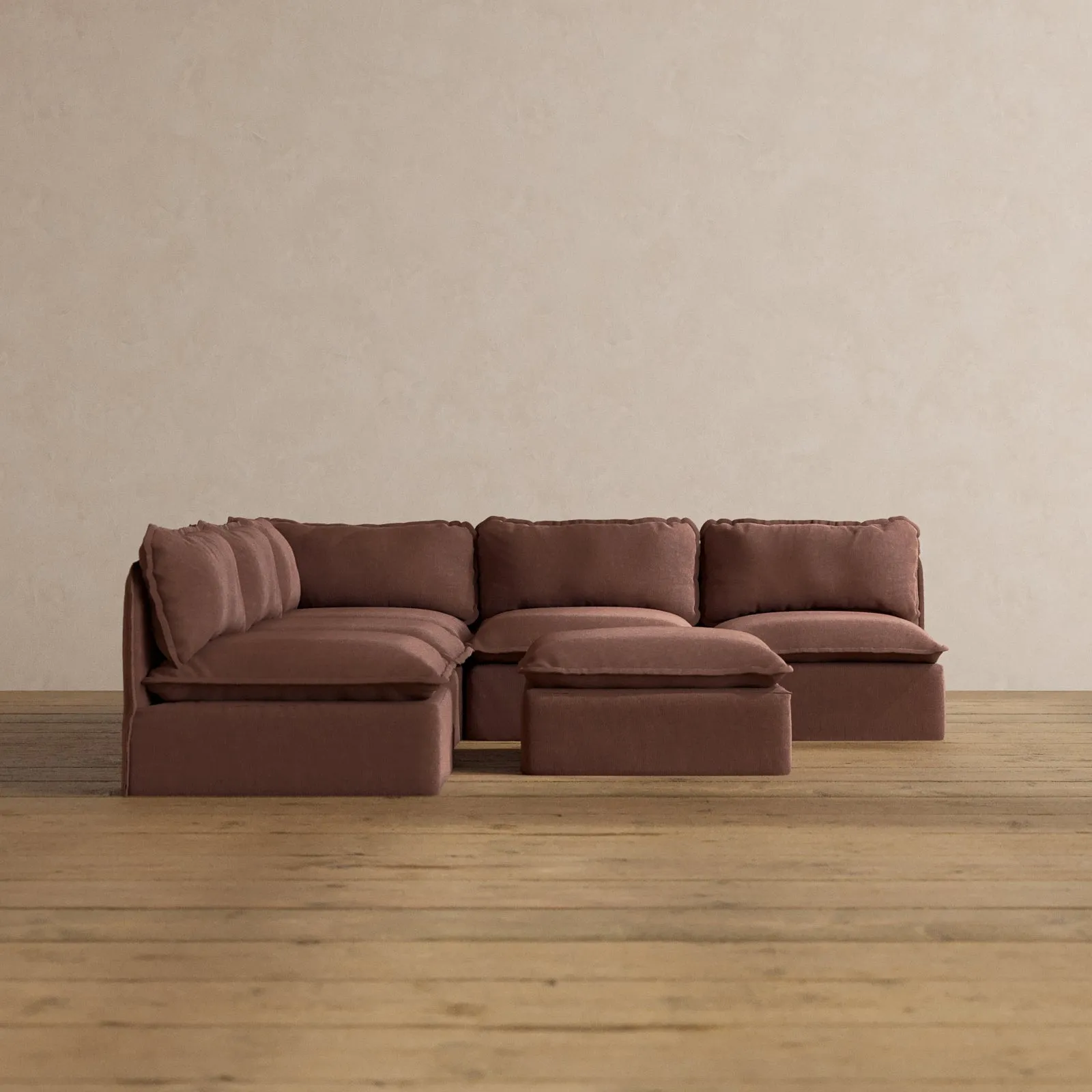 Modular Washable 5-Seater Open-Ends Corner Sectional   Ottoman in Chestnut | Deluxe  Seat | Cloud Pillow