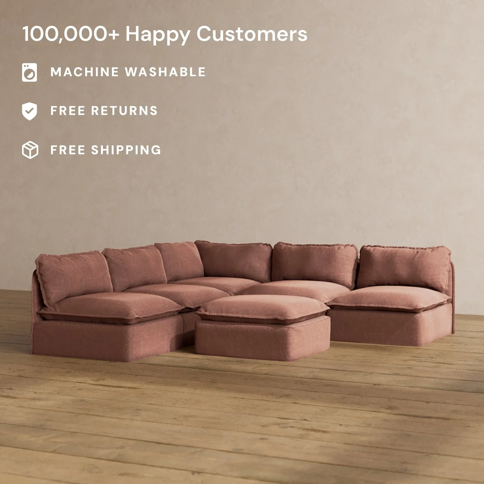 Modular Washable 5-Seater Open-Ends Corner Sectional   Ottoman in Chestnut | Deluxe  Seat | Cloud Pillow
