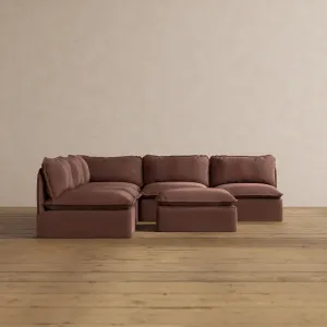 Modular Washable 5-Seater Open-Ends Corner Sectional   Ottoman in Chestnut | Deluxe  Seat | Cloud Pillow