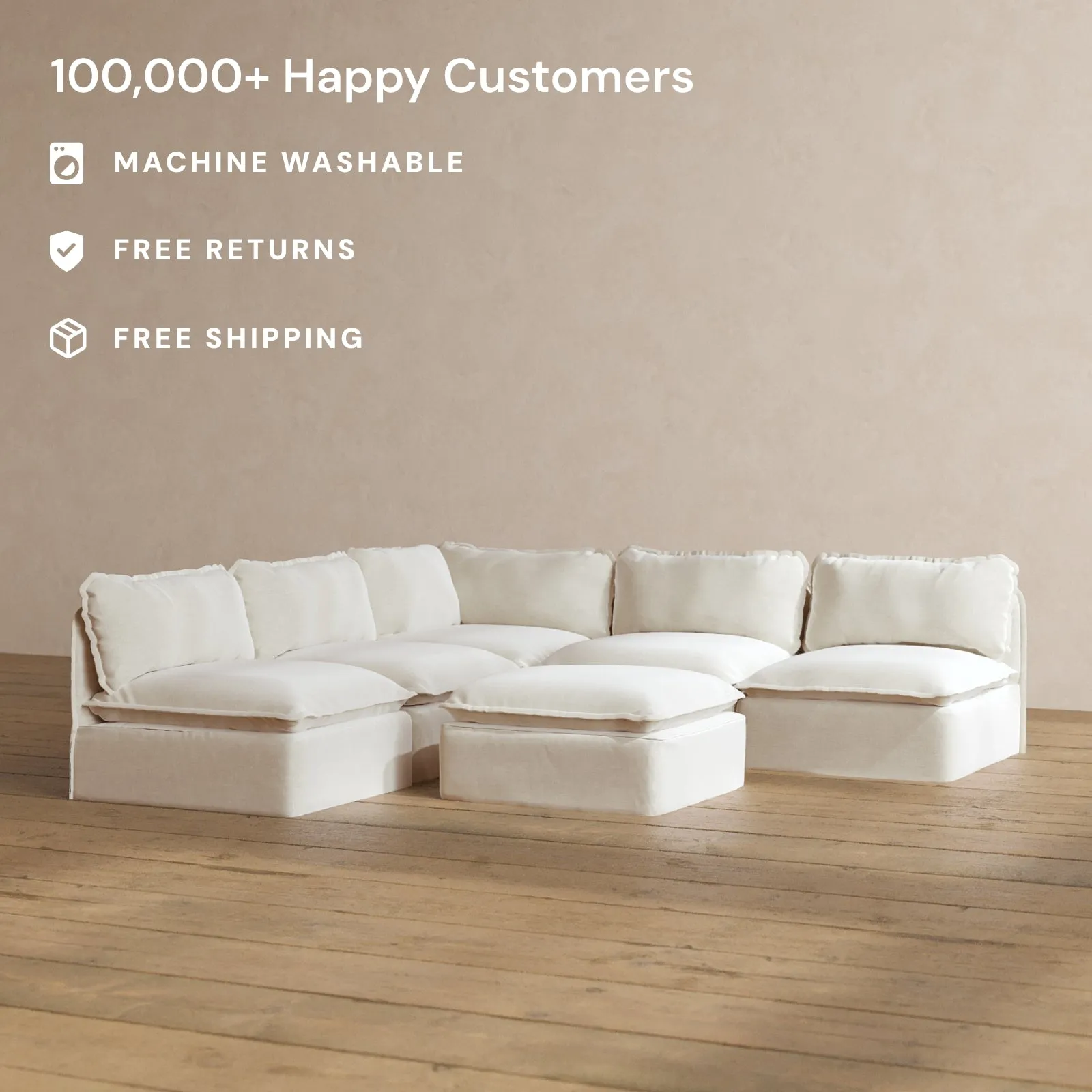 Modular Washable 5-Seater Open-Ends Corner Sectional   Ottoman in Coco | Memorix  Seat | Contour Pillow
