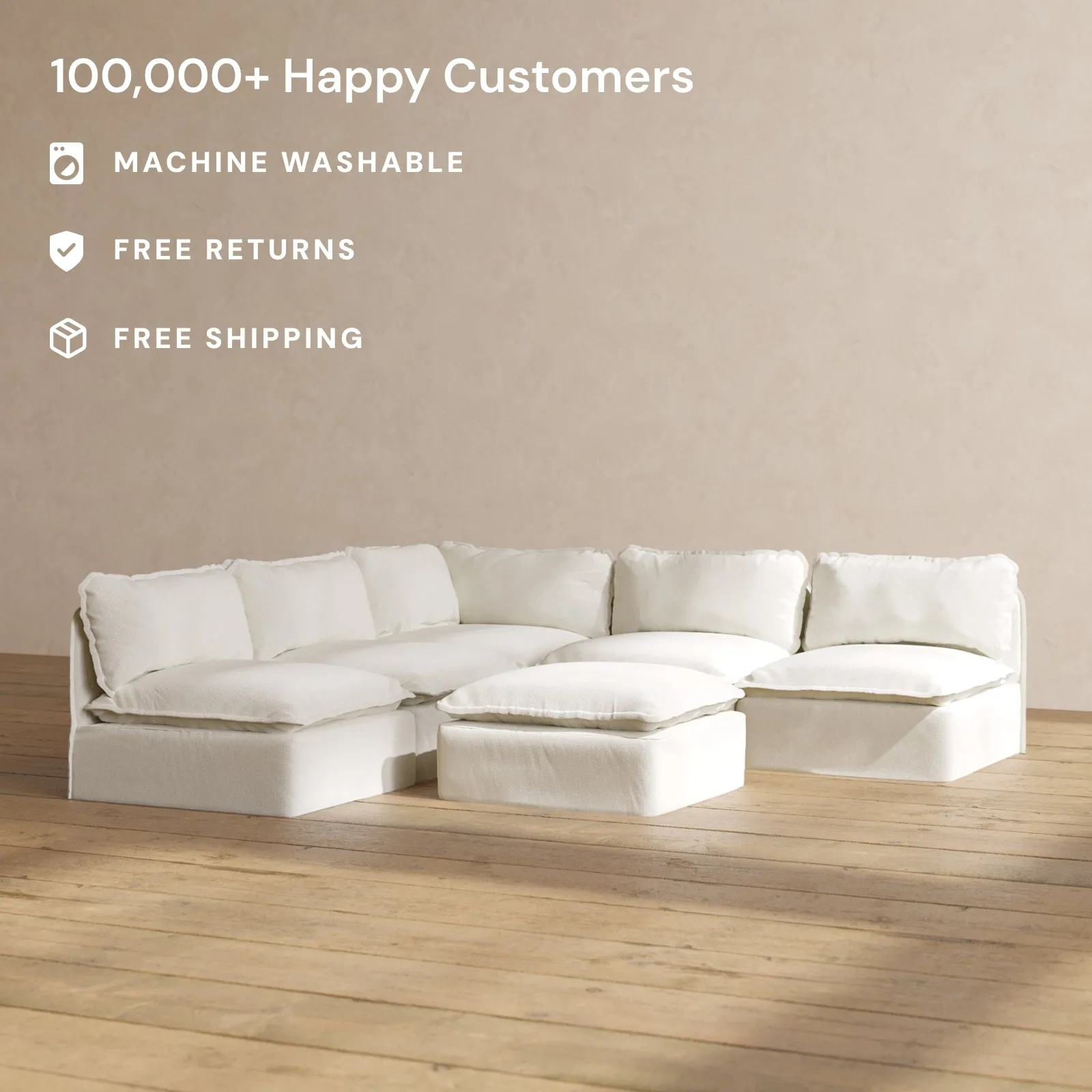 Modular Washable 5-Seater Open-Ends Corner Sectional   Ottoman in Eggshell | Memorix  Seat | Contour Pillow