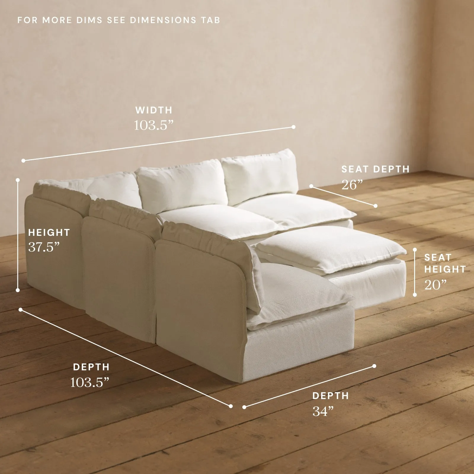 Modular Washable 5-Seater Open-Ends Corner Sectional   Ottoman in Eggshell | Memorix  Seat | Contour Pillow