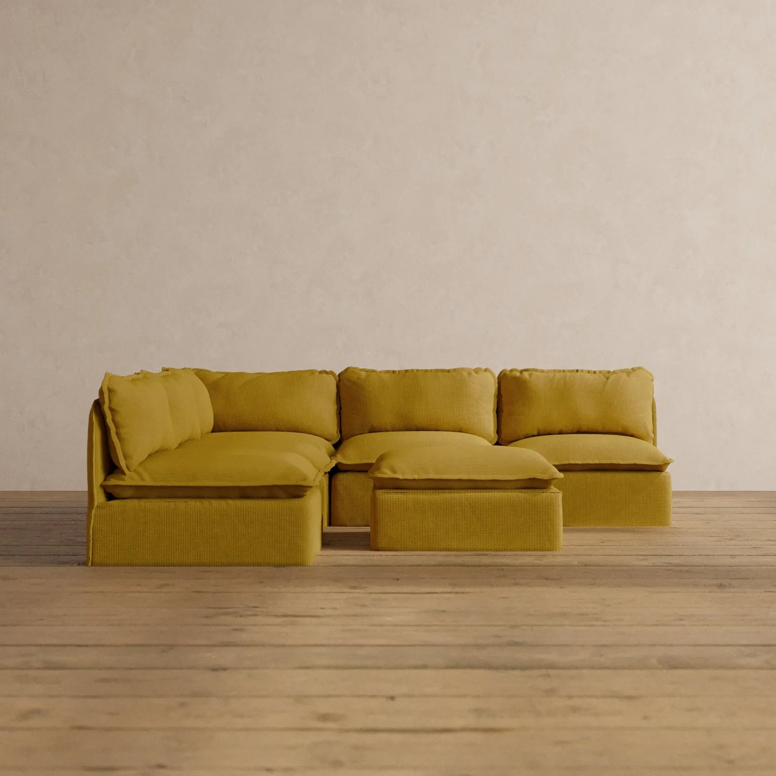 Modular Washable 5-Seater Open-Ends Corner Sectional   Ottoman in Kiiro | Deluxe  Seat | Cloud Pillow