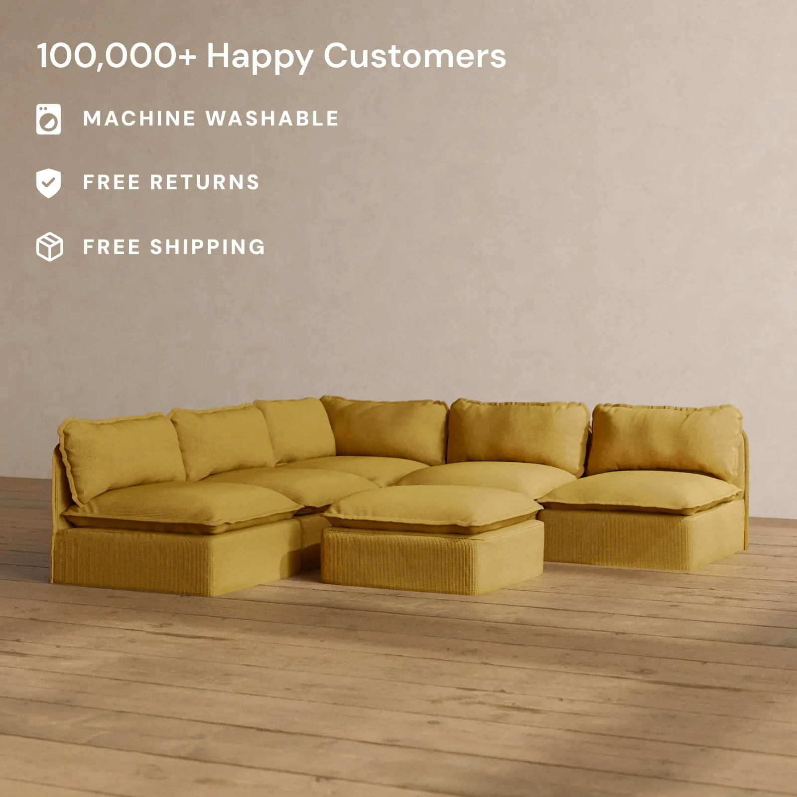 Modular Washable 5-Seater Open-Ends Corner Sectional   Ottoman in Kiiro | Deluxe  Seat | Cloud Pillow