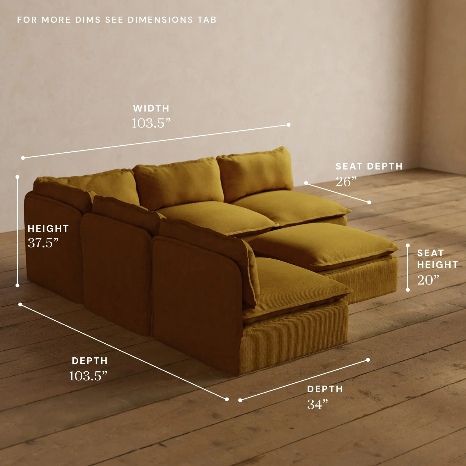 Modular Washable 5-Seater Open-Ends Corner Sectional   Ottoman in Kiiro | Deluxe  Seat | Cloud Pillow