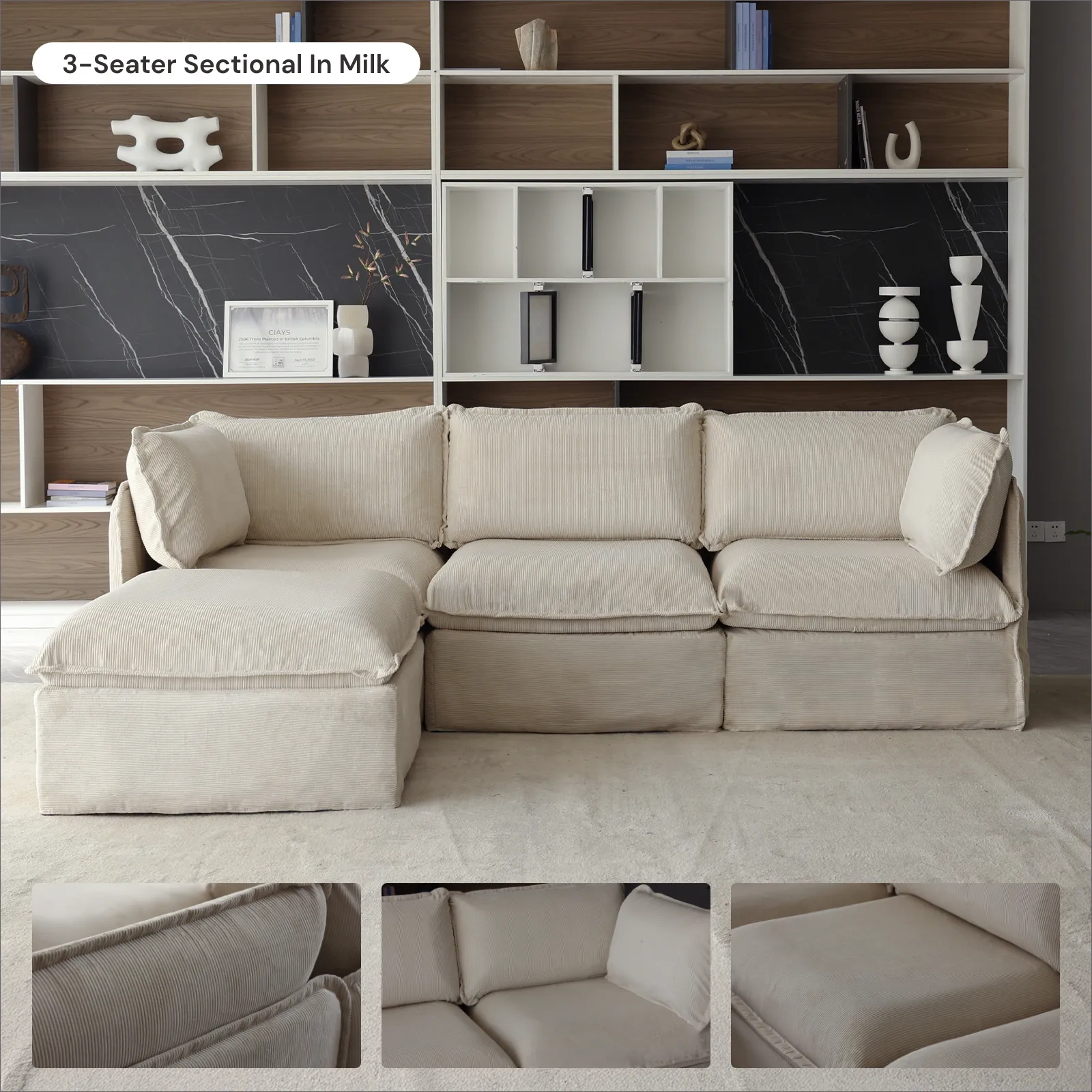 Modular Washable 5-Seater Open-Ends Corner Sectional   Ottoman in Milk | Deluxe  Seat | Cloud Pillow
