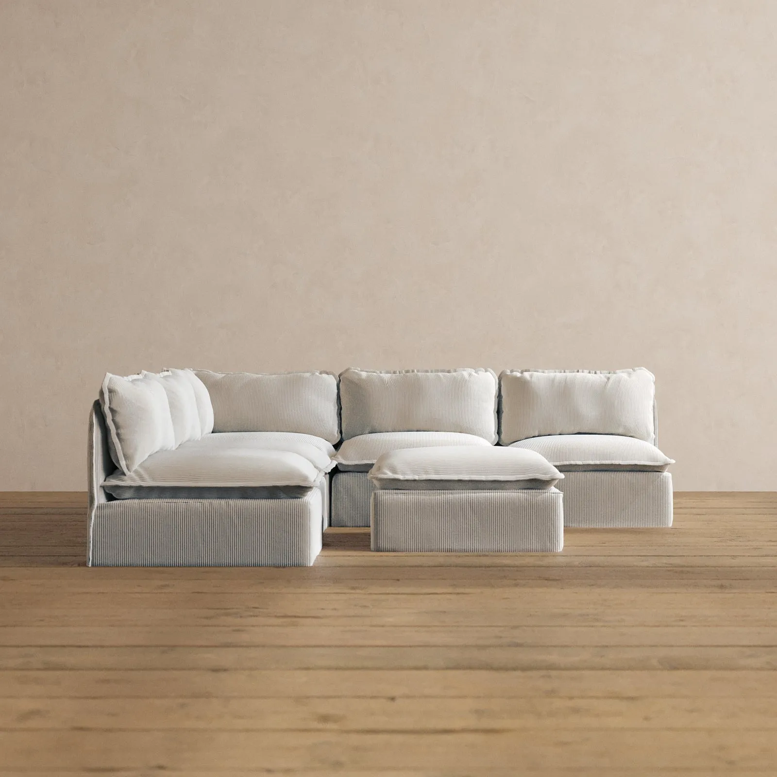 Modular Washable 5-Seater Open-Ends Corner Sectional   Ottoman in Milk | Deluxe  Seat | Cloud Pillow