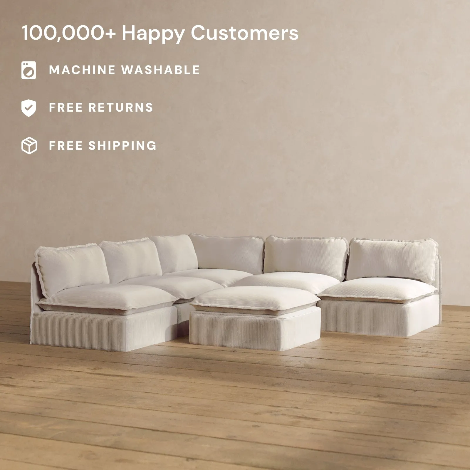 Modular Washable 5-Seater Open-Ends Corner Sectional   Ottoman in Milk | Memorix  Seat | Contour Pillow