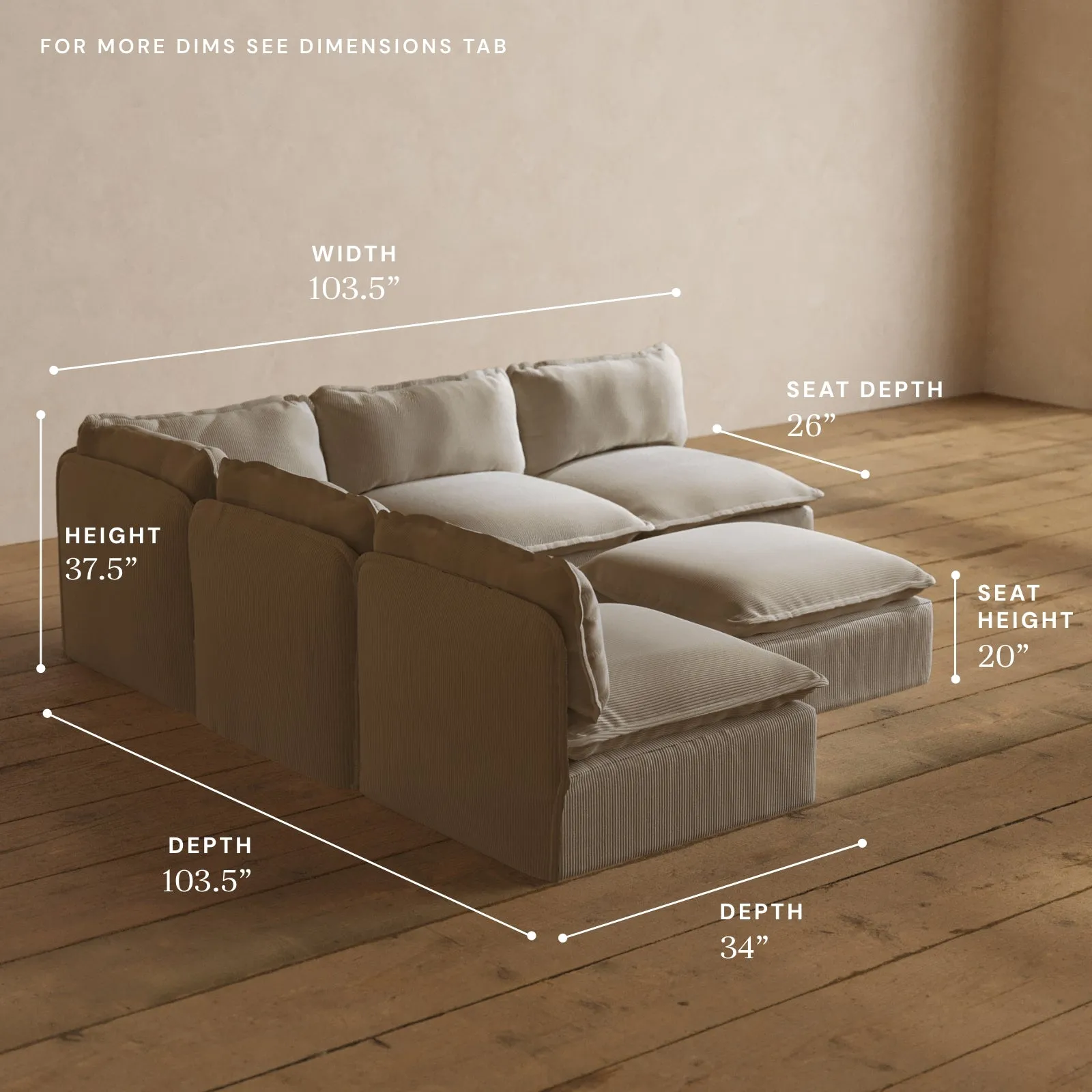 Modular Washable 5-Seater Open-Ends Corner Sectional   Ottoman in Milk | Memorix  Seat | Contour Pillow