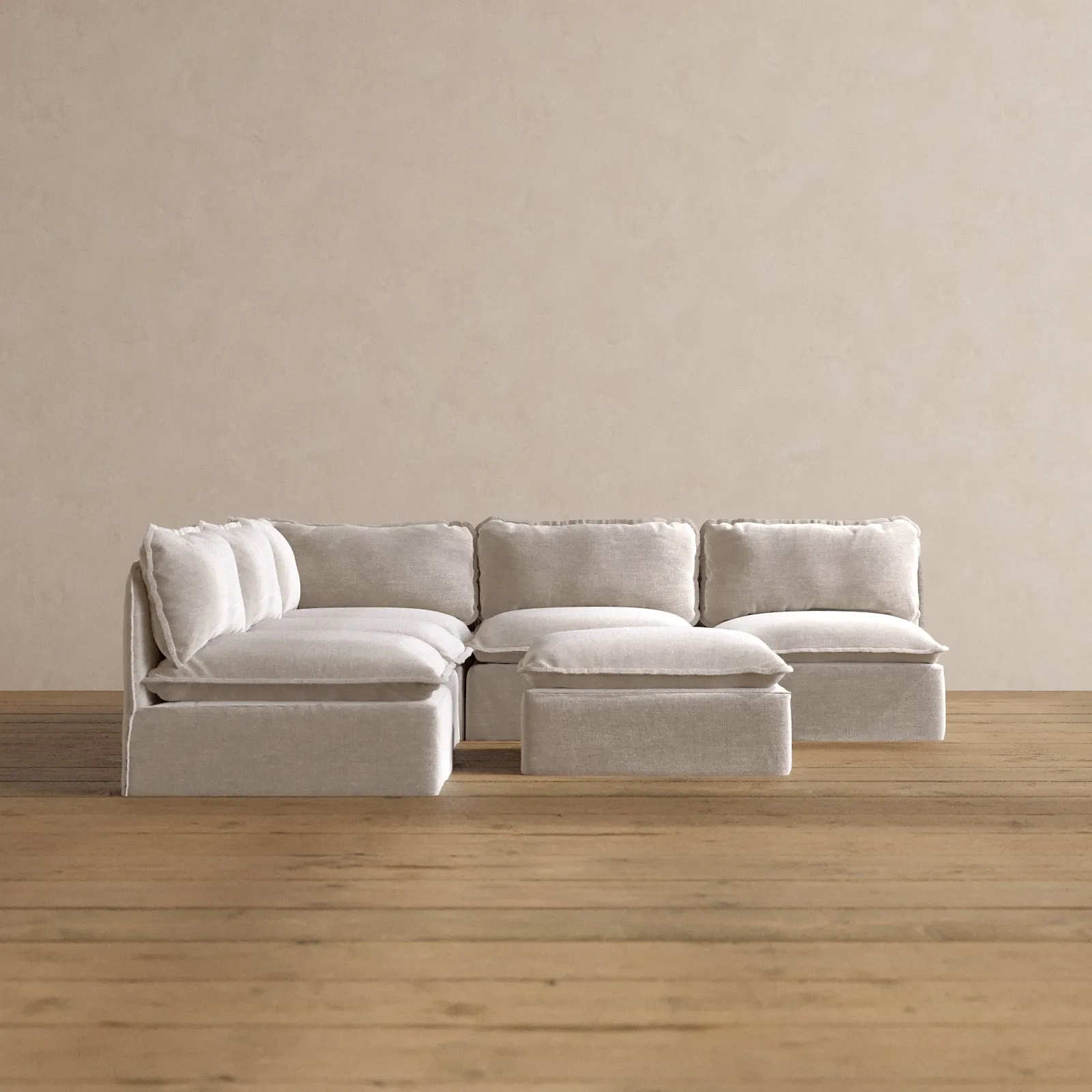 Modular Washable 5-Seater Open-Ends Corner Sectional   Ottoman in Mist | Memorix  Seat | Contour Pillow