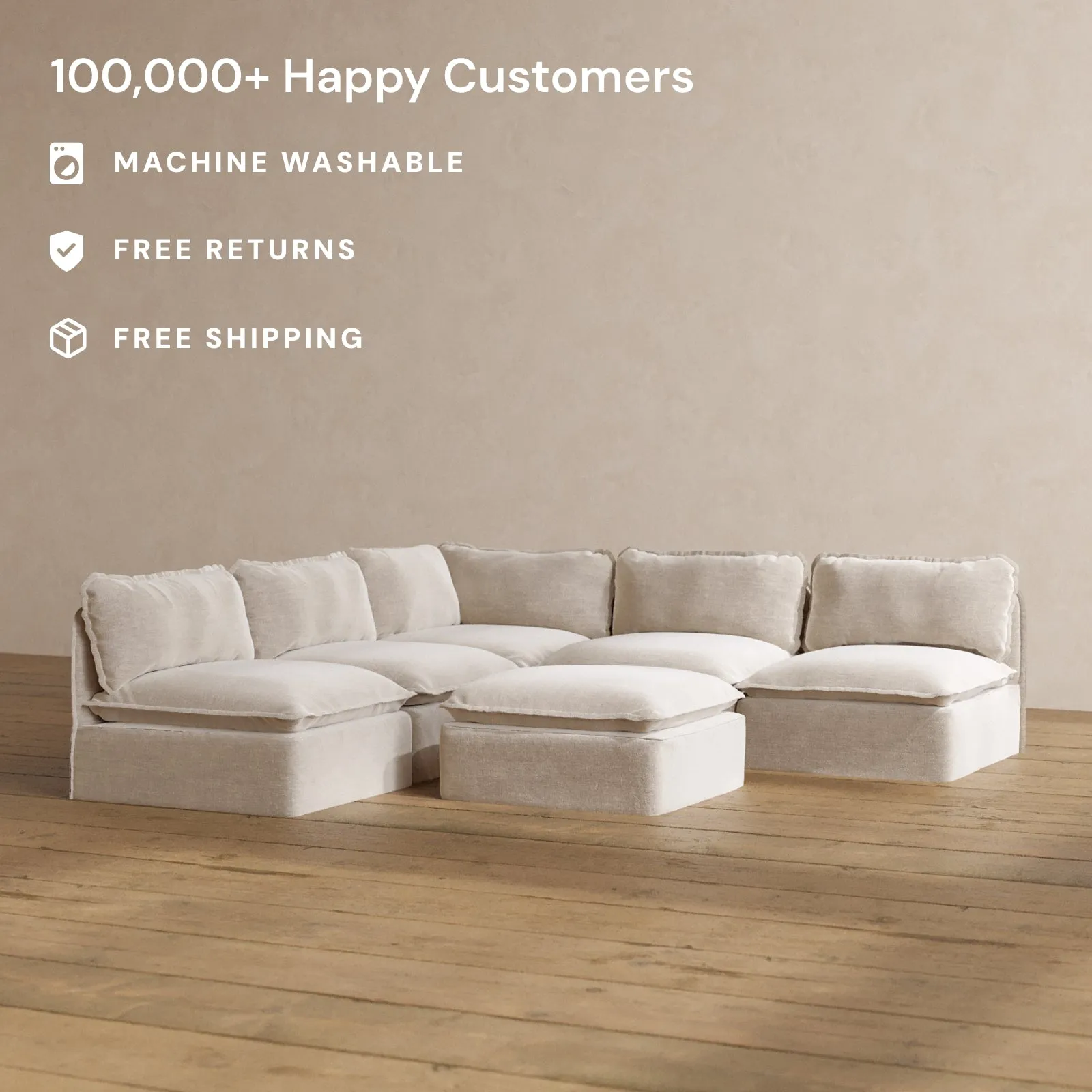 Modular Washable 5-Seater Open-Ends Corner Sectional   Ottoman in Mist | Memorix  Seat | Contour Pillow