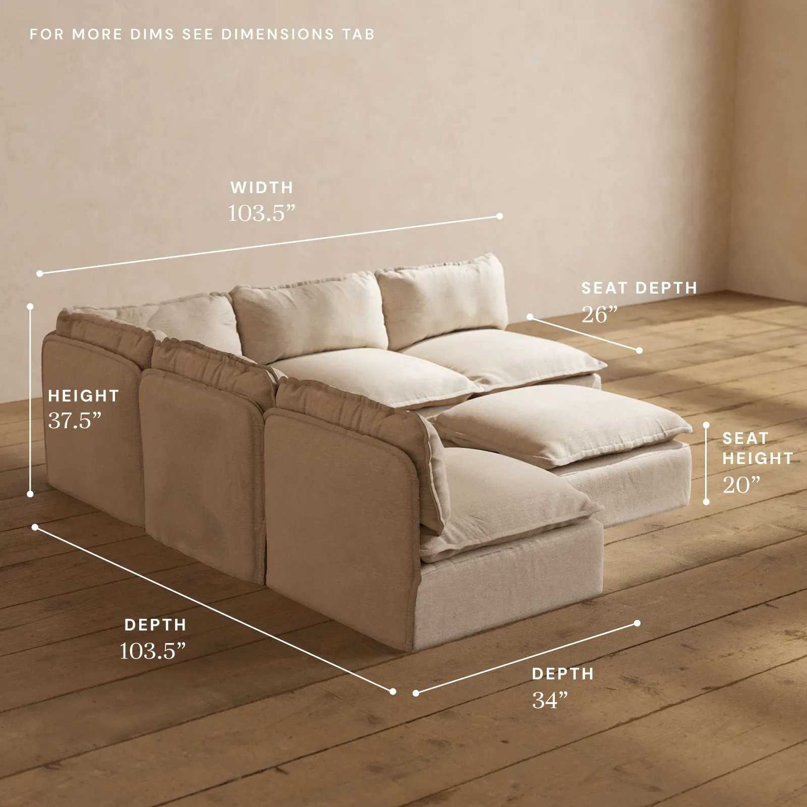 Modular Washable 5-Seater Open-Ends Corner Sectional   Ottoman in Oat | Memorix  Seat | Contour Pillow