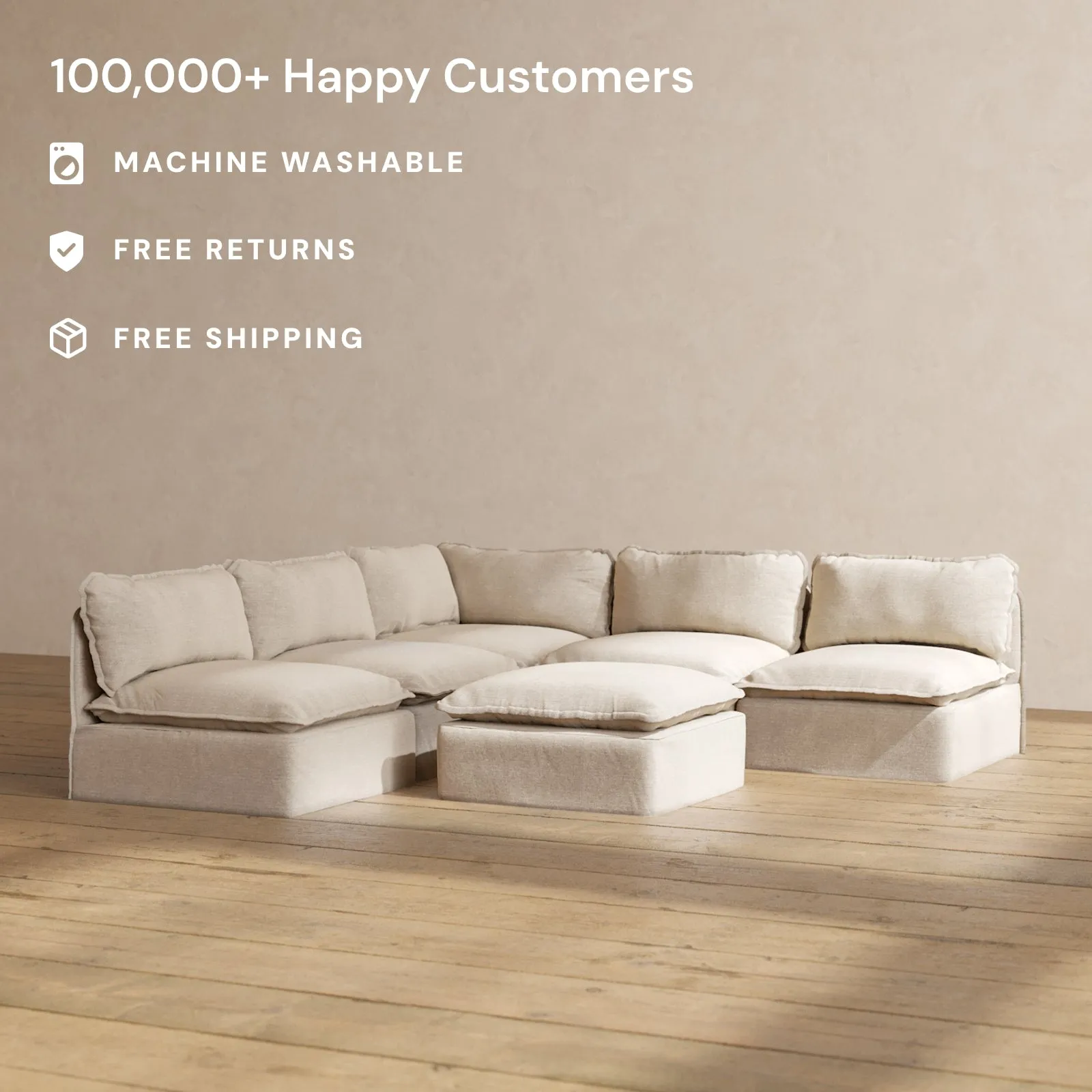 Modular Washable 5-Seater Open-Ends Corner Sectional   Ottoman in Oat | Memorix  Seat | Contour Pillow