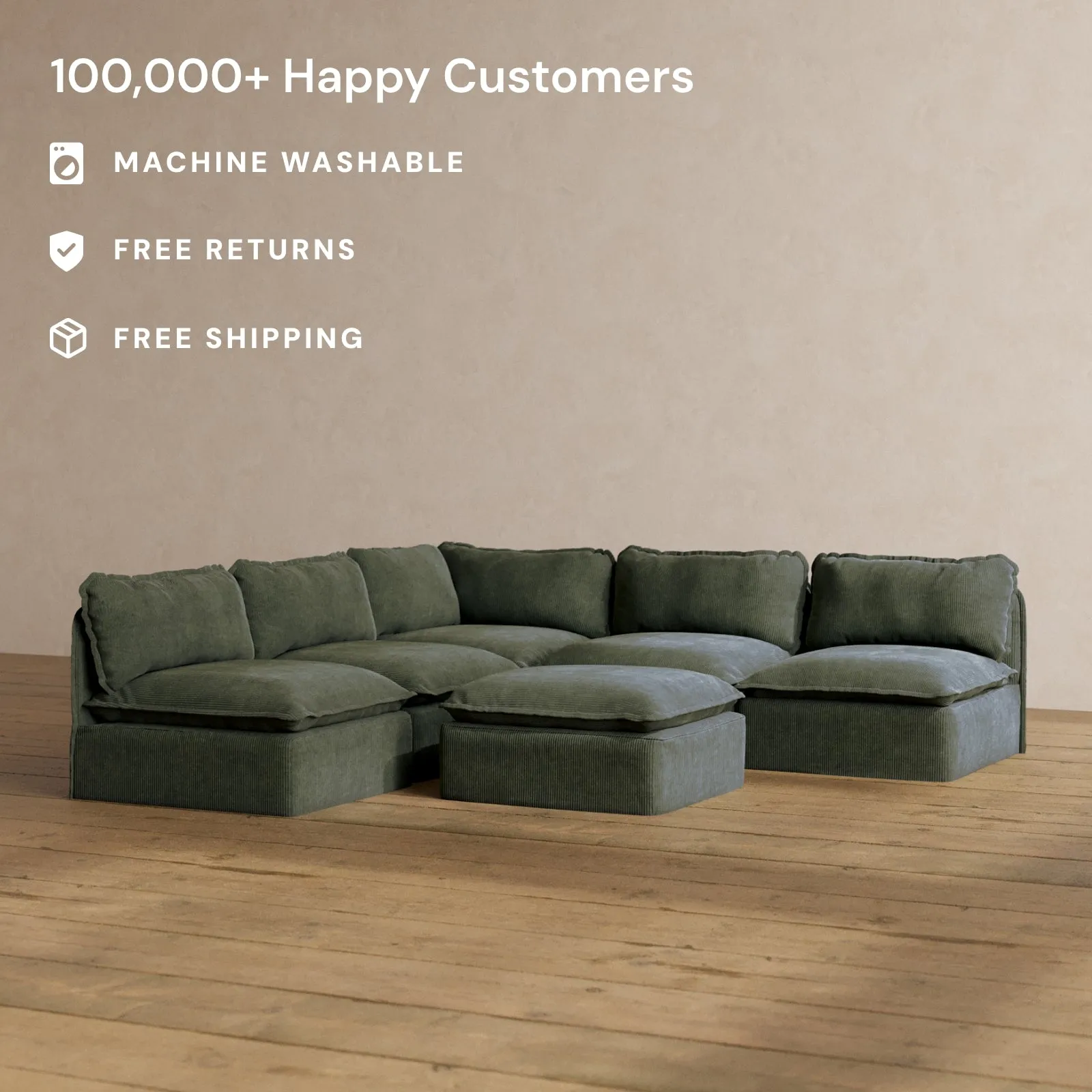 Modular Washable 5-Seater Open-Ends Corner Sectional   Ottoman in Olivine | Memorix  Seat | Contour Pillow