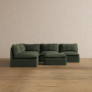 Modular Washable 5-Seater Open-Ends Corner Sectional   Ottoman in Olivine | Memorix  Seat | Contour Pillow