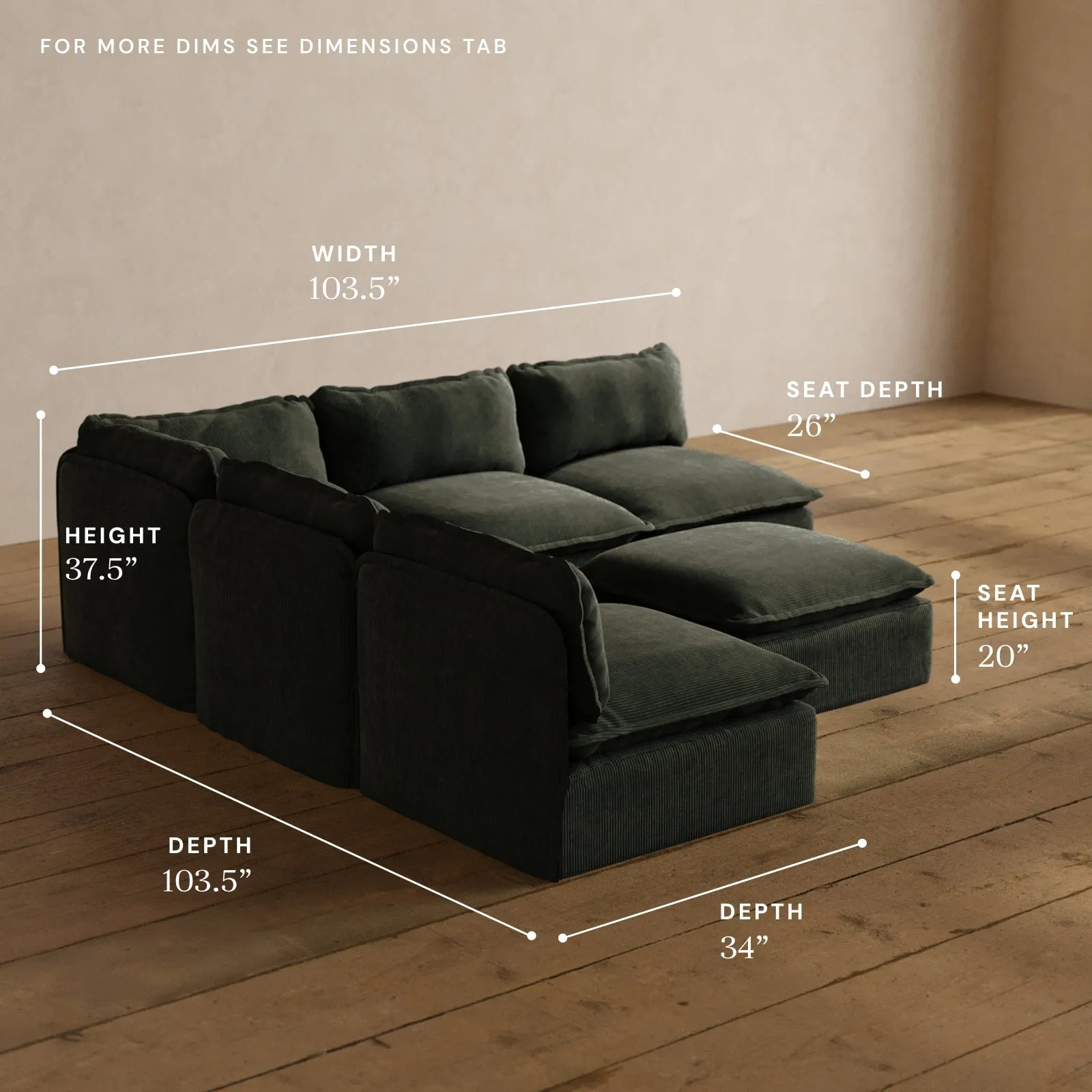 Modular Washable 5-Seater Open-Ends Corner Sectional   Ottoman in Olivine | Memorix  Seat | Contour Pillow