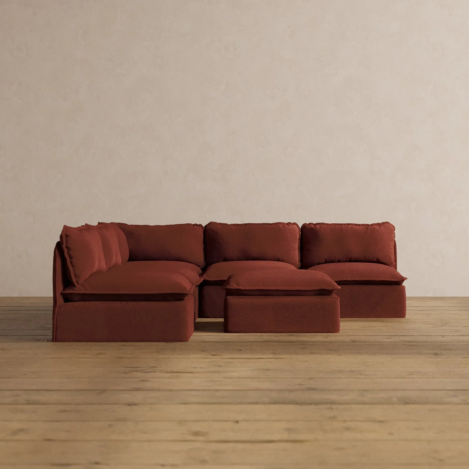 Modular Washable 5-Seater Open-Ends Corner Sectional   Ottoman in Rust | Memorix  Seat | Contour Pillow