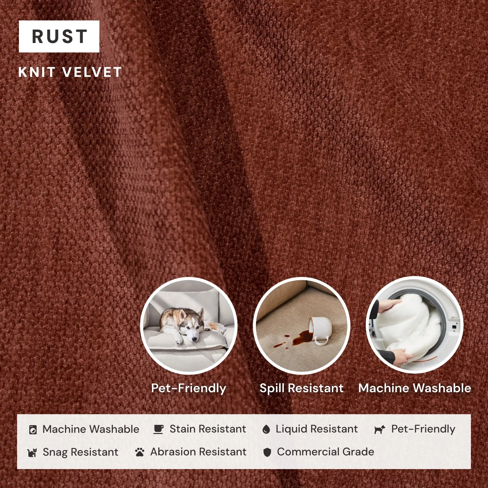 Modular Washable 5-Seater Open-Ends Corner Sectional   Ottoman in Rust | Memorix  Seat | Contour Pillow