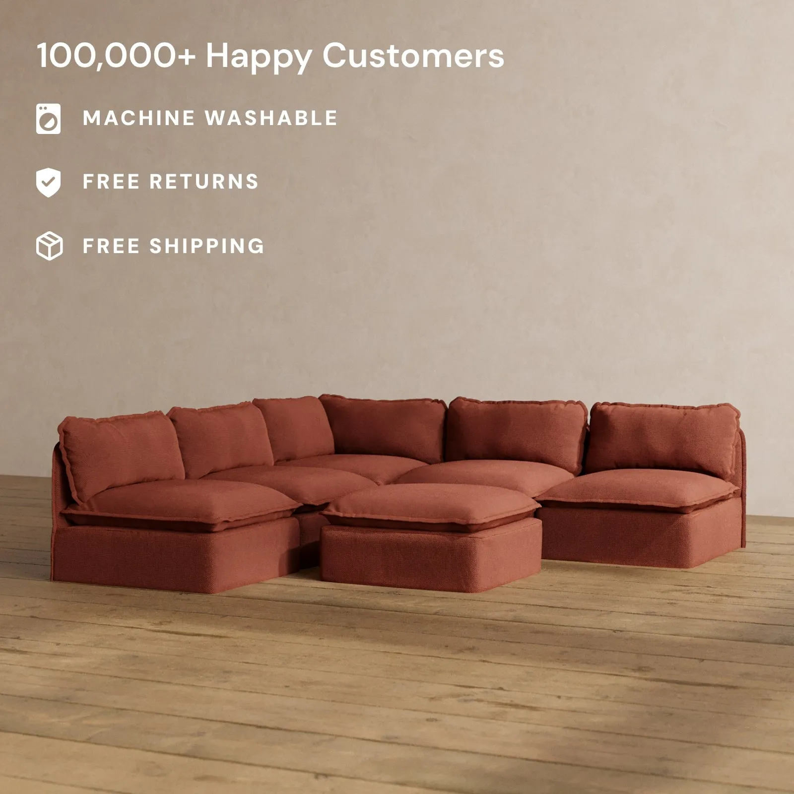 Modular Washable 5-Seater Open-Ends Corner Sectional   Ottoman in Rust | Memorix  Seat | Contour Pillow