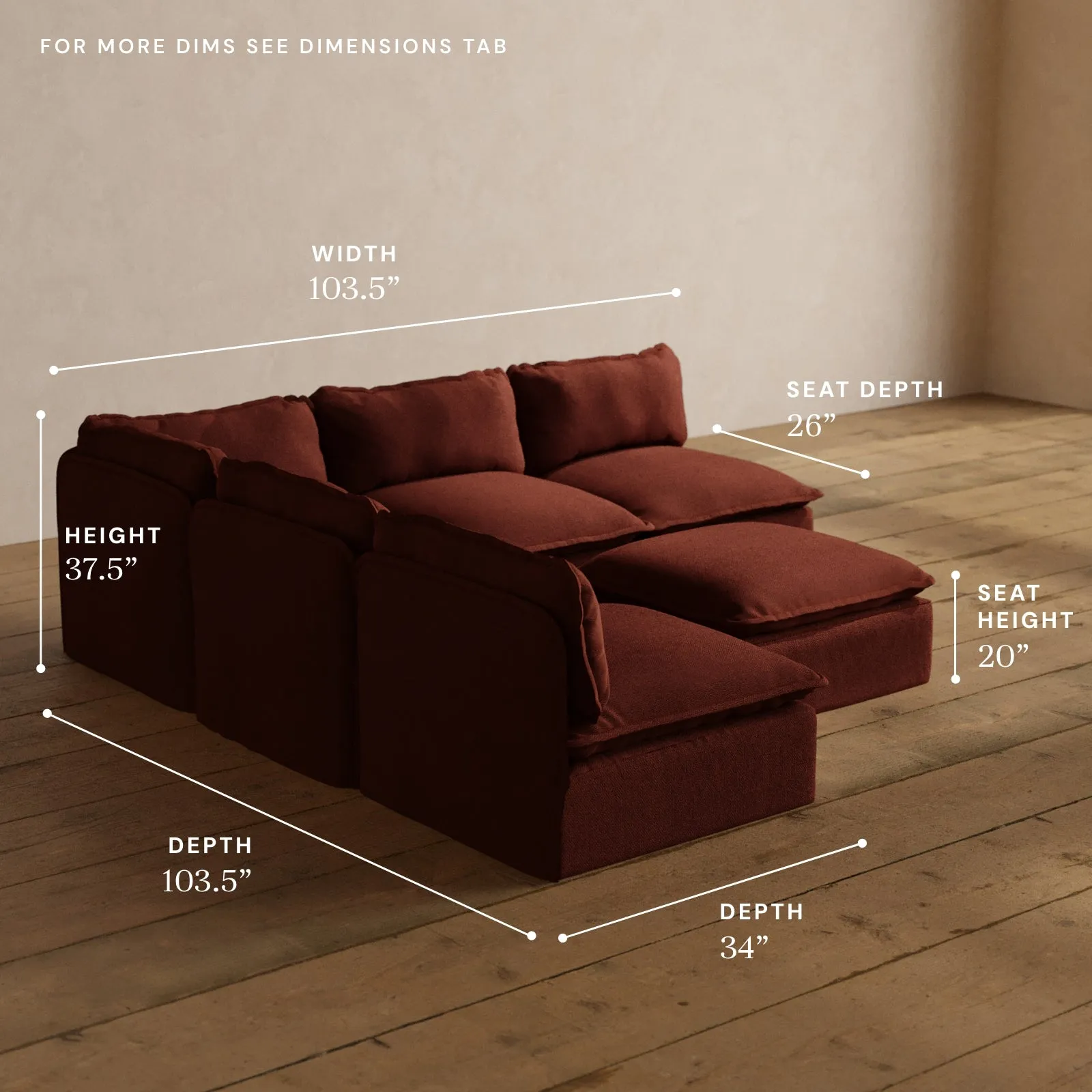 Modular Washable 5-Seater Open-Ends Corner Sectional   Ottoman in Rust | Memorix  Seat | Contour Pillow