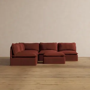 Modular Washable 5-Seater Open-Ends Corner Sectional   Ottoman in Rust | Memorix  Seat | Contour Pillow
