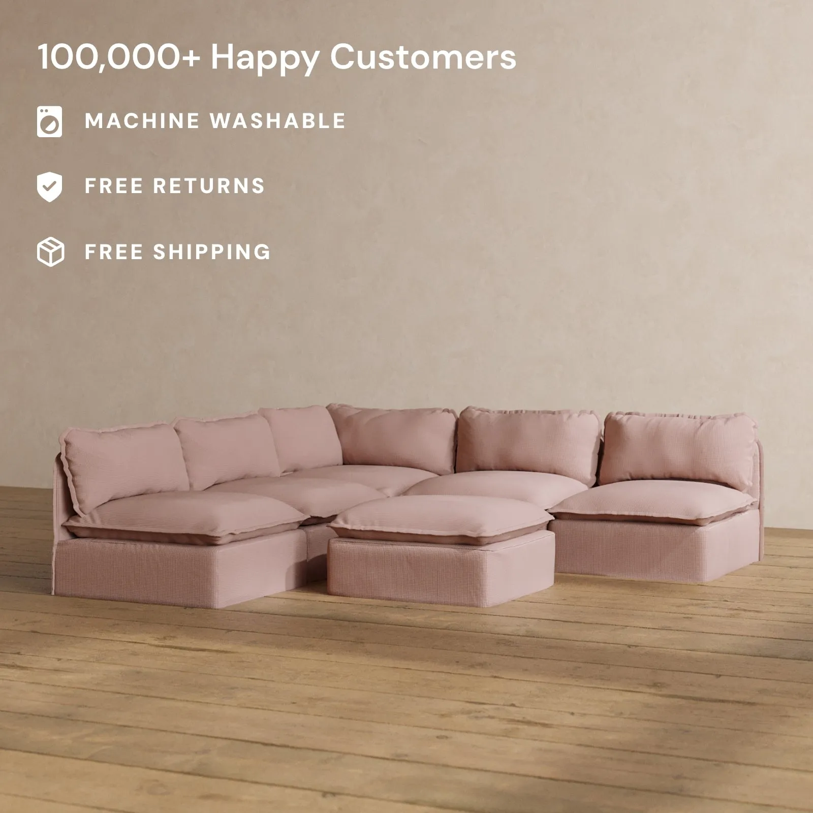 Modular Washable 5-Seater Open-Ends Corner Sectional   Ottoman in Sakura | Deluxe  Seat | Cloud Pillow