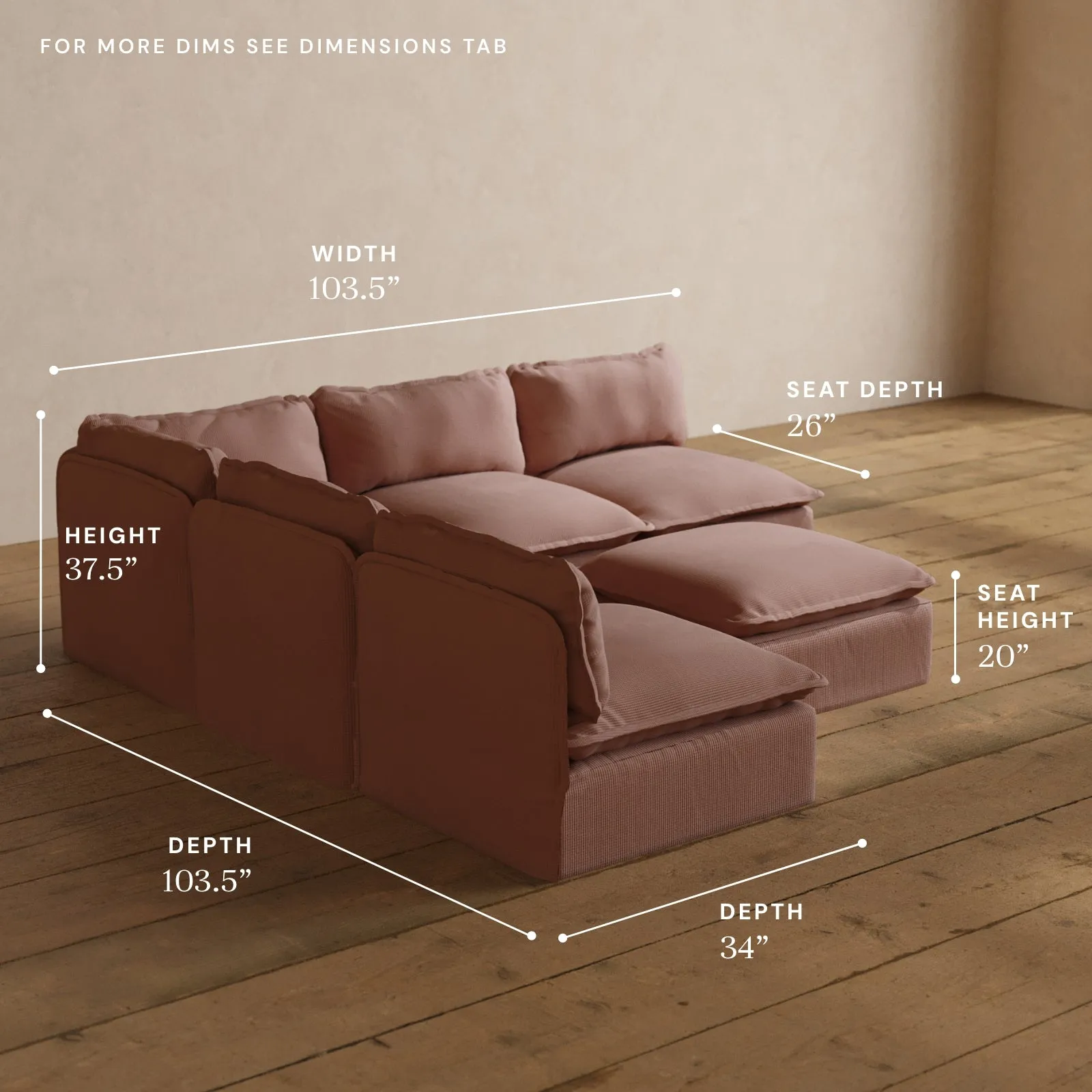 Modular Washable 5-Seater Open-Ends Corner Sectional   Ottoman in Sakura | Memorix  Seat | Contour Pillow