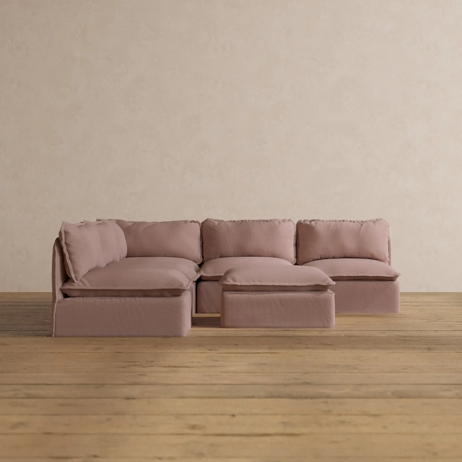 Modular Washable 5-Seater Open-Ends Corner Sectional   Ottoman in Sakura | Memorix  Seat | Contour Pillow