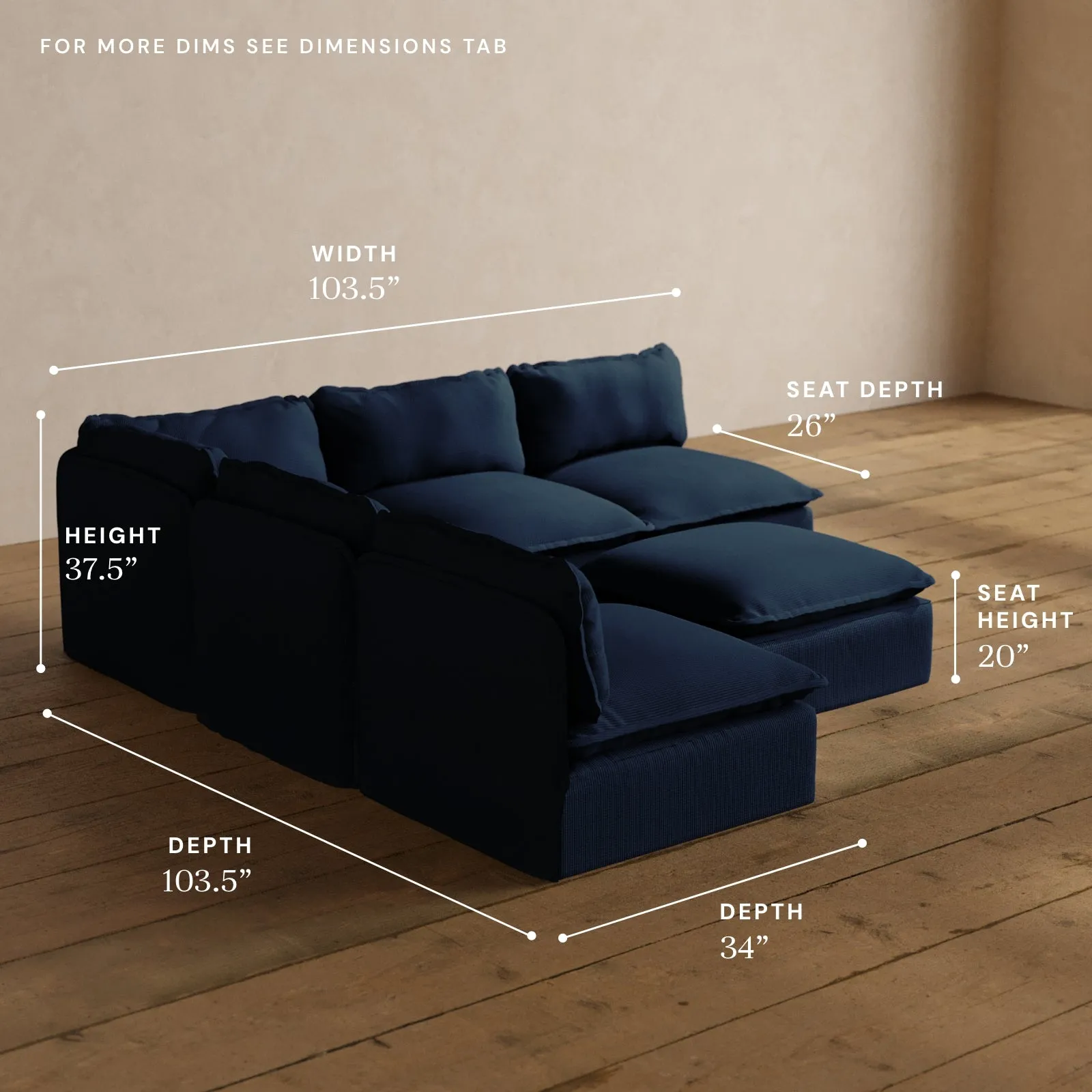 Modular Washable 5-Seater Open-Ends Corner Sectional   Ottoman in Sumi | Memorix  Seat | Contour Pillow