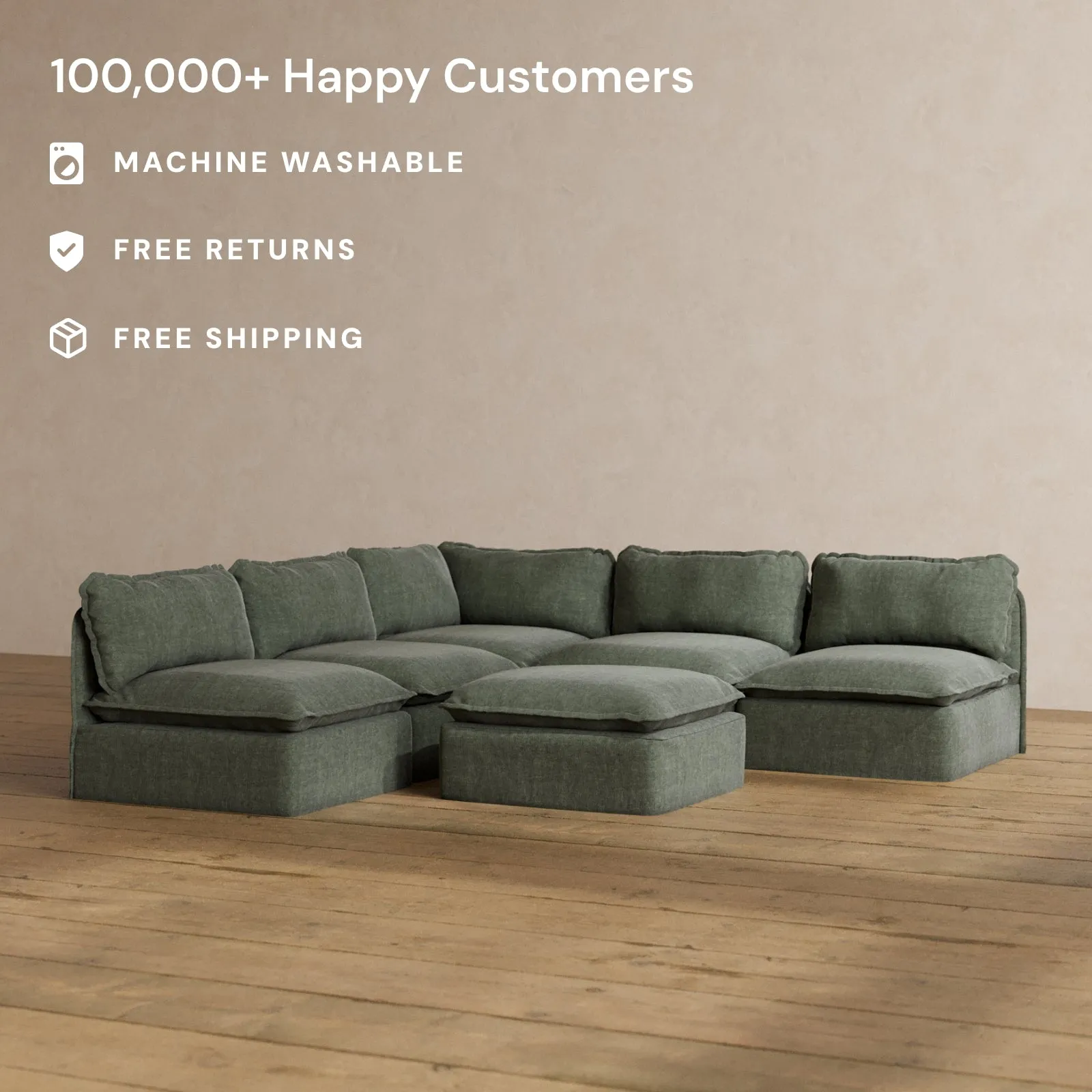 Modular Washable 5-Seater Open-Ends Corner Sectional   Ottoman in Willow | Memorix  Seat | Contour Pillow