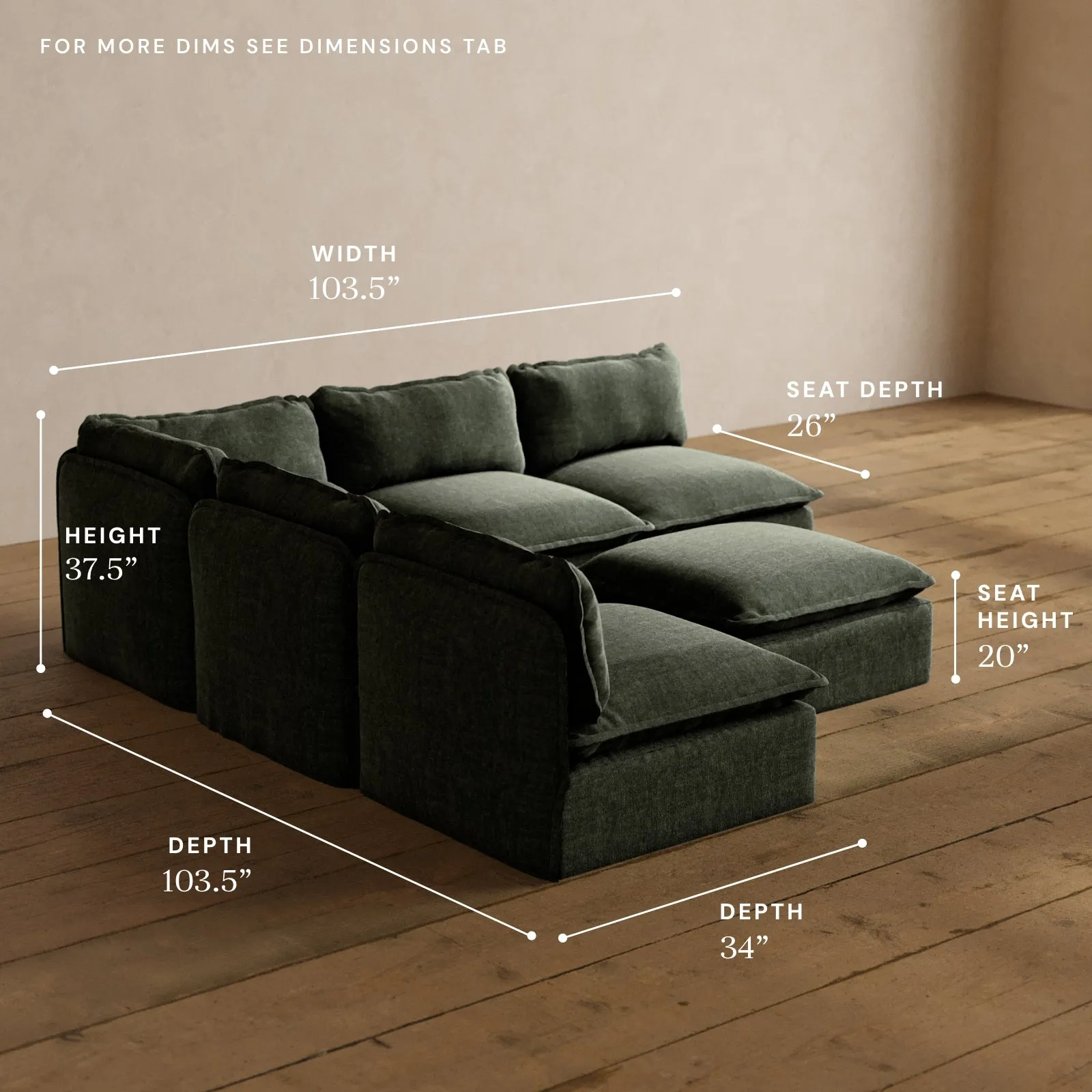 Modular Washable 5-Seater Open-Ends Corner Sectional   Ottoman in Willow | Memorix  Seat | Contour Pillow