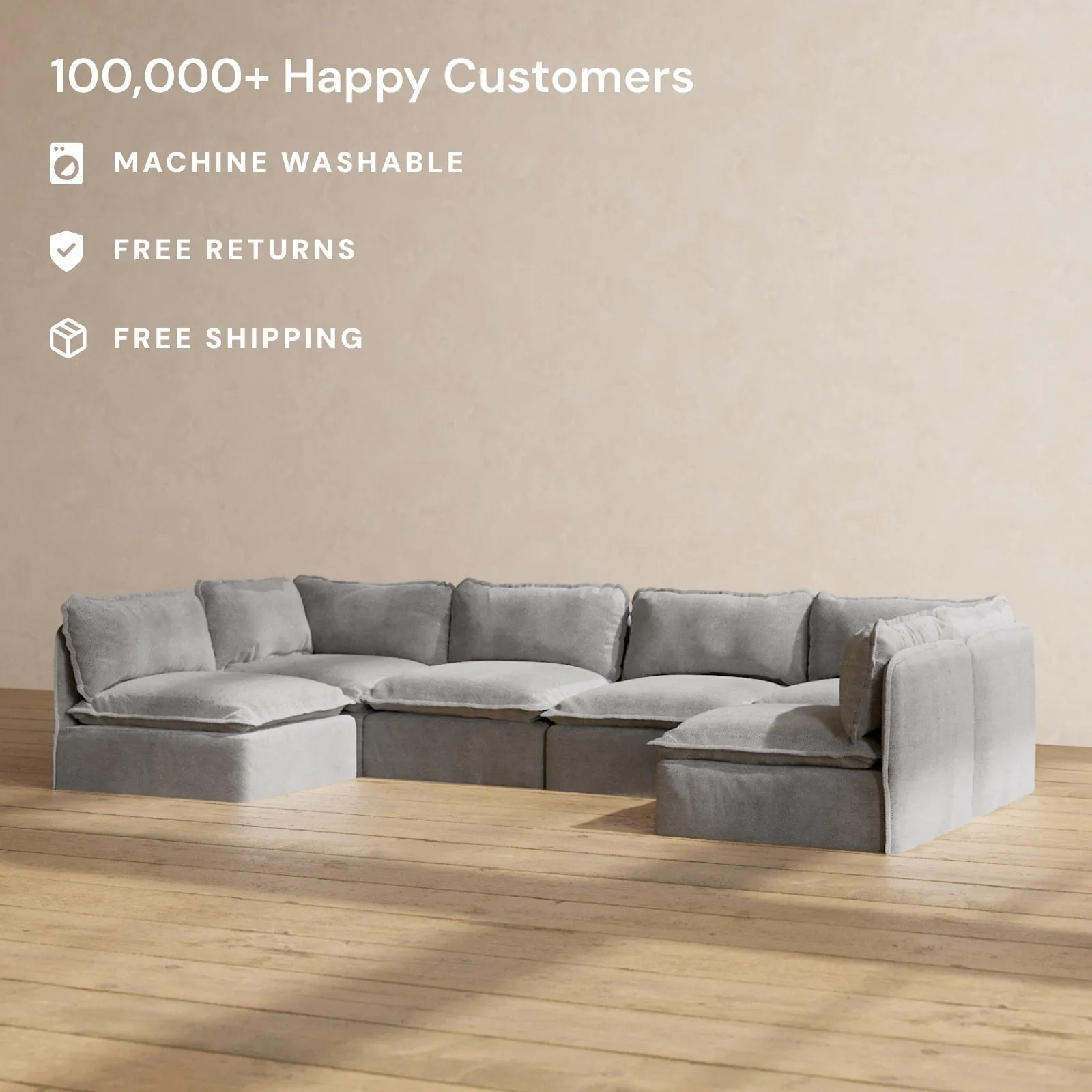 Modular Washable 6-Seater Open-Ends U-Sectional in Ash | Deluxe  Seat | Cloud Pillow