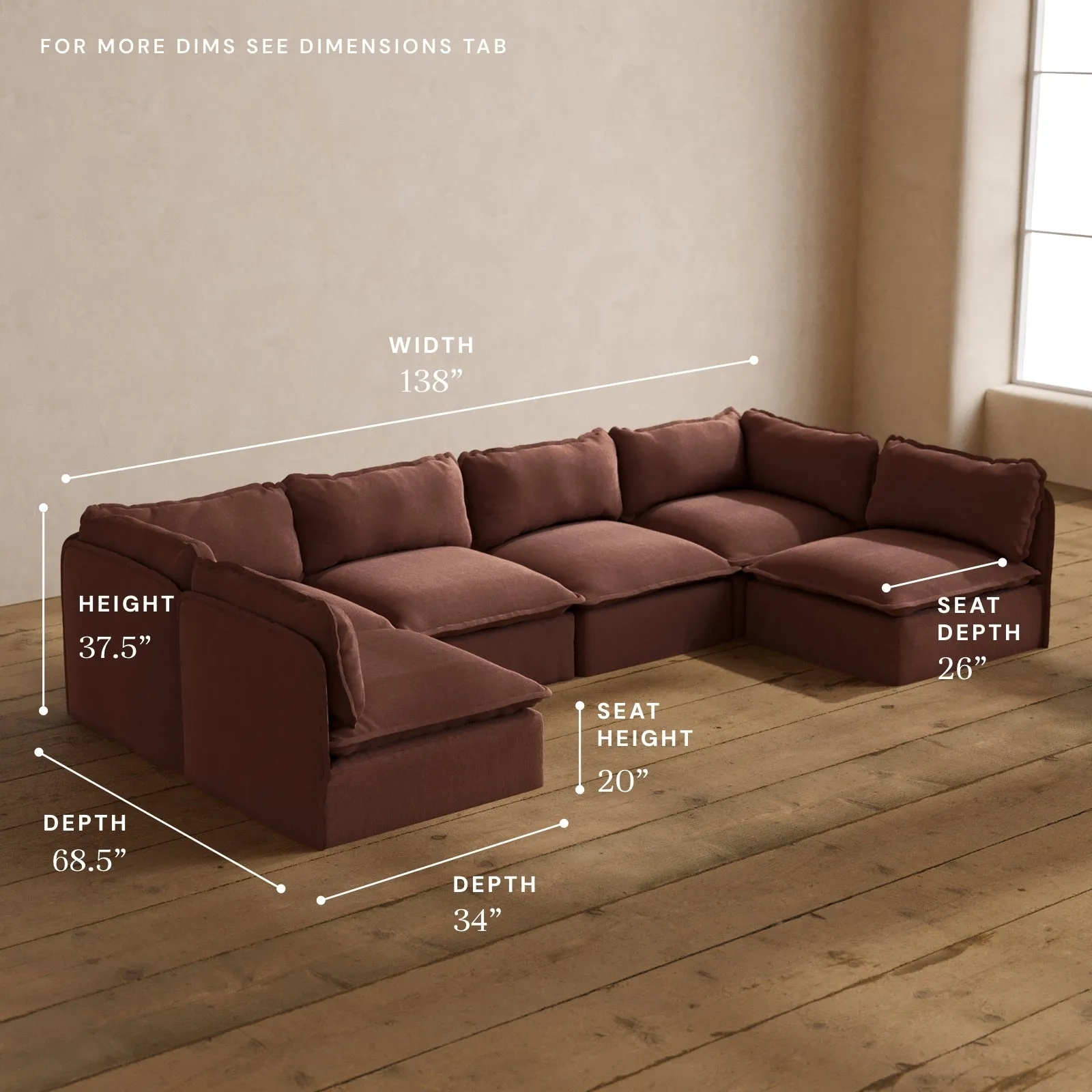 Modular Washable 6-Seater Open-Ends U-Sectional in Chestnut | Deluxe  Seat | Cloud Pillow