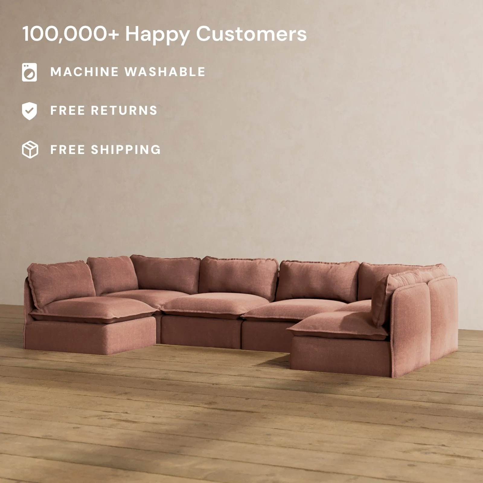 Modular Washable 6-Seater Open-Ends U-Sectional in Chestnut | Deluxe  Seat | Cloud Pillow