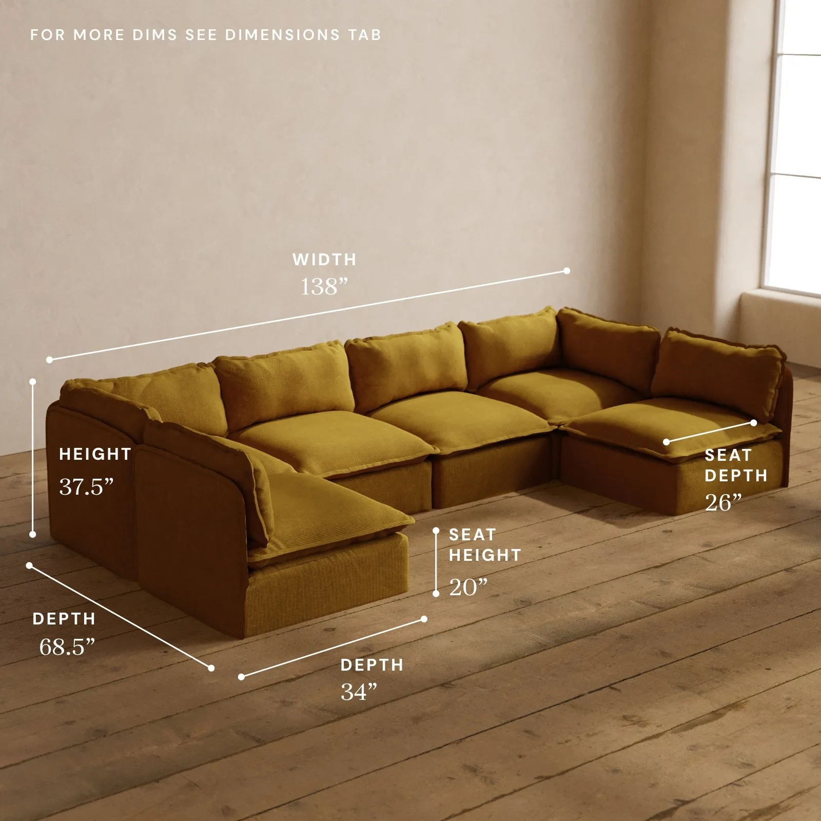 Modular Washable 6-Seater Open-Ends U-Sectional in Kiiro | Deluxe  Seat | Cloud Pillow