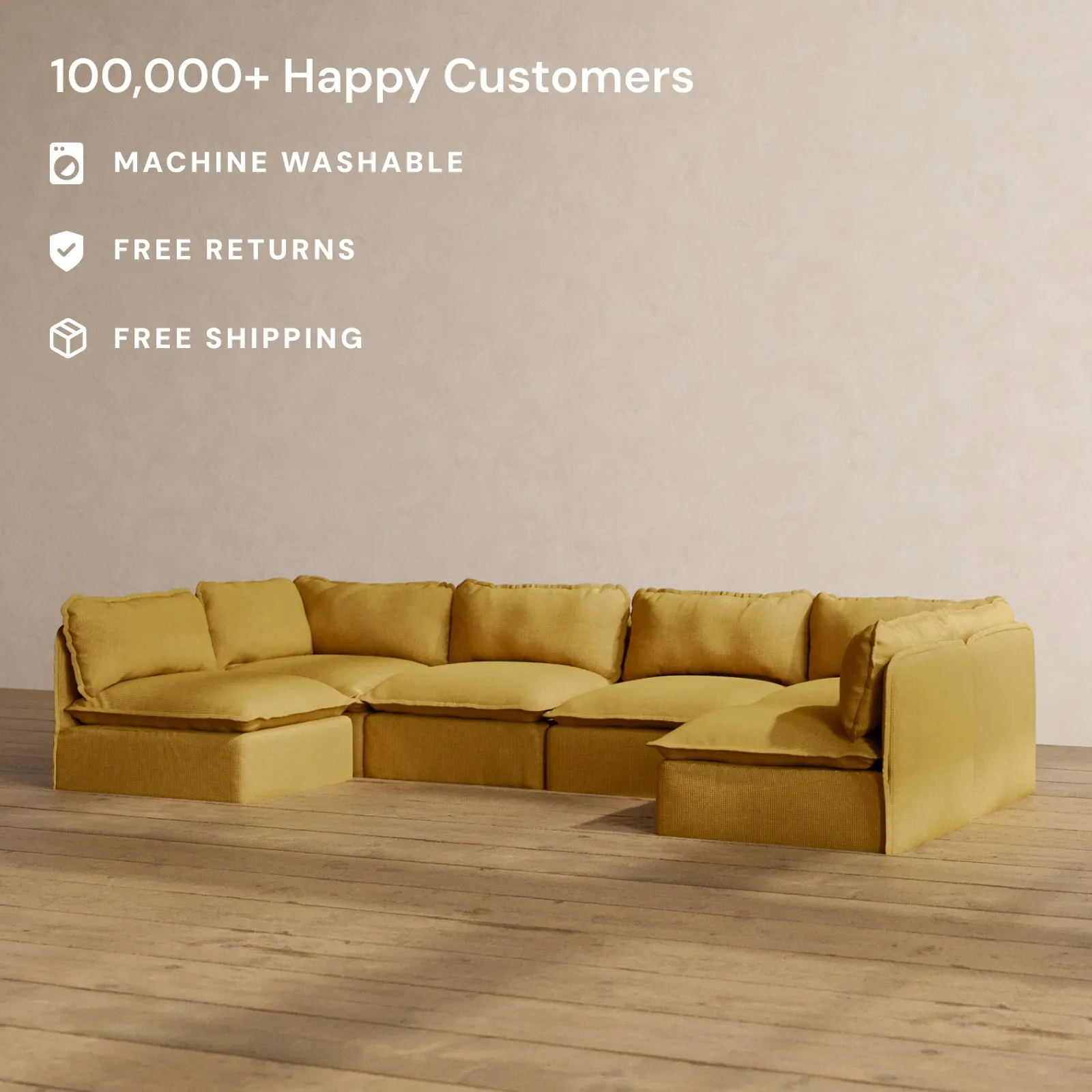 Modular Washable 6-Seater Open-Ends U-Sectional in Kiiro | Deluxe  Seat | Cloud Pillow